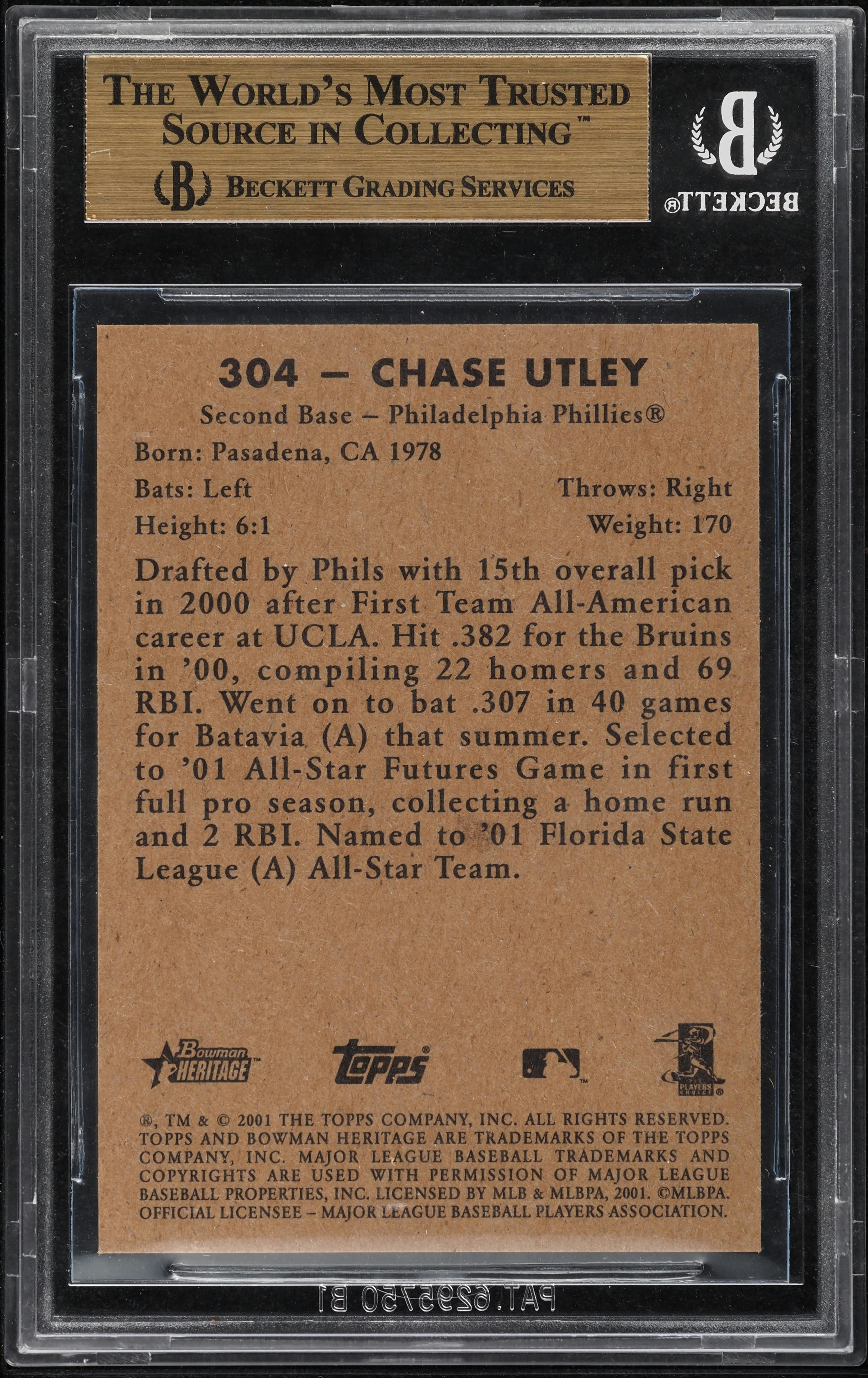 2001 Bowman Heritage Chase Utley ROOKIE #304 BGS 9.5 GEM MINT