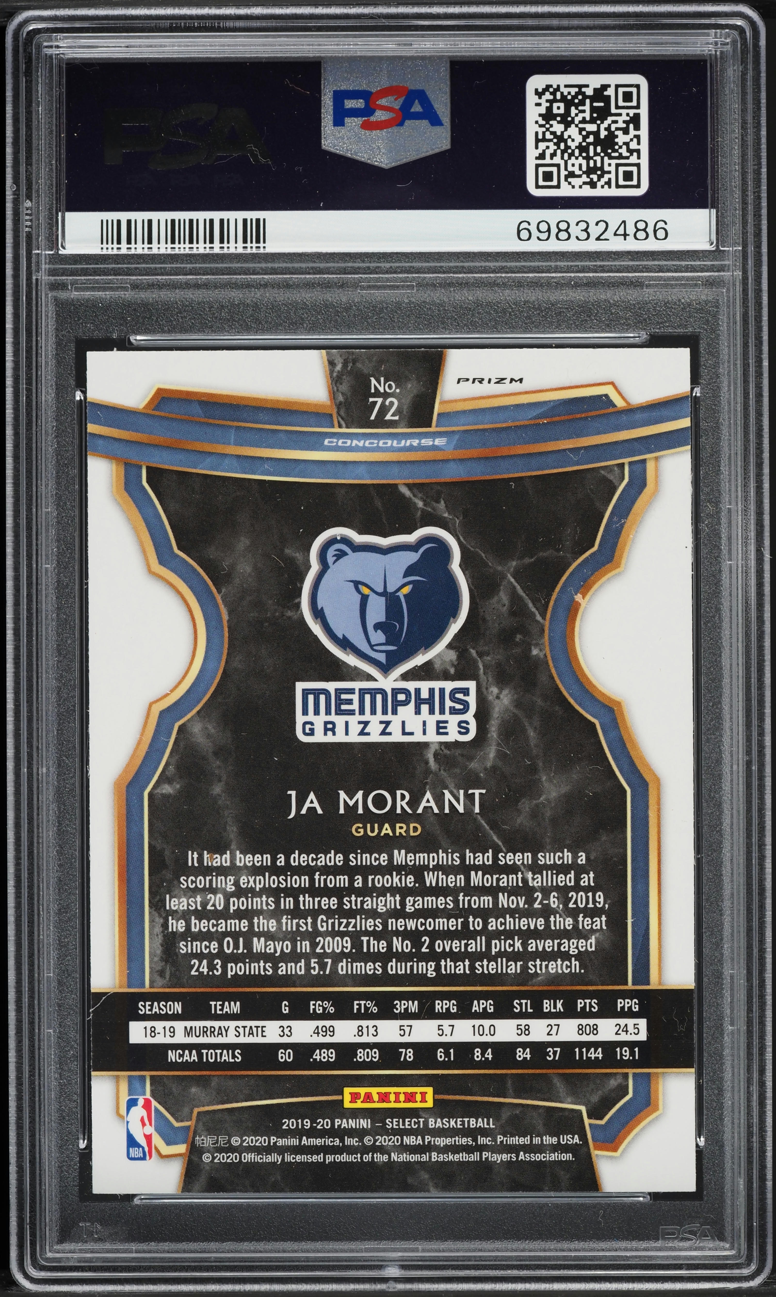 2019 Select Silver Prizm Ja Morant ROOKIE #72 PSA 10 GEM MINT on