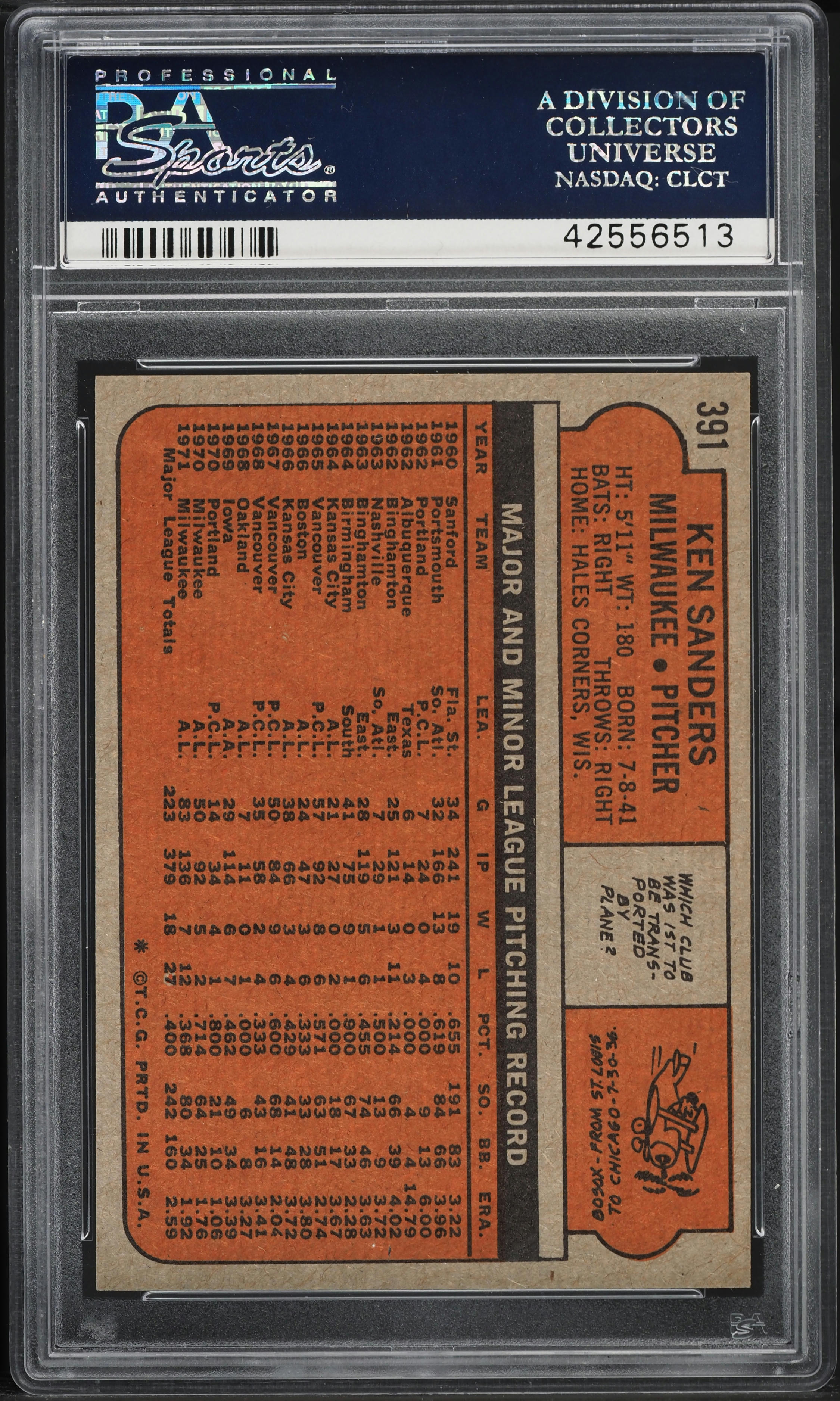 1972 Topps Ken Sanders #391 PSA 10 GEM MINT