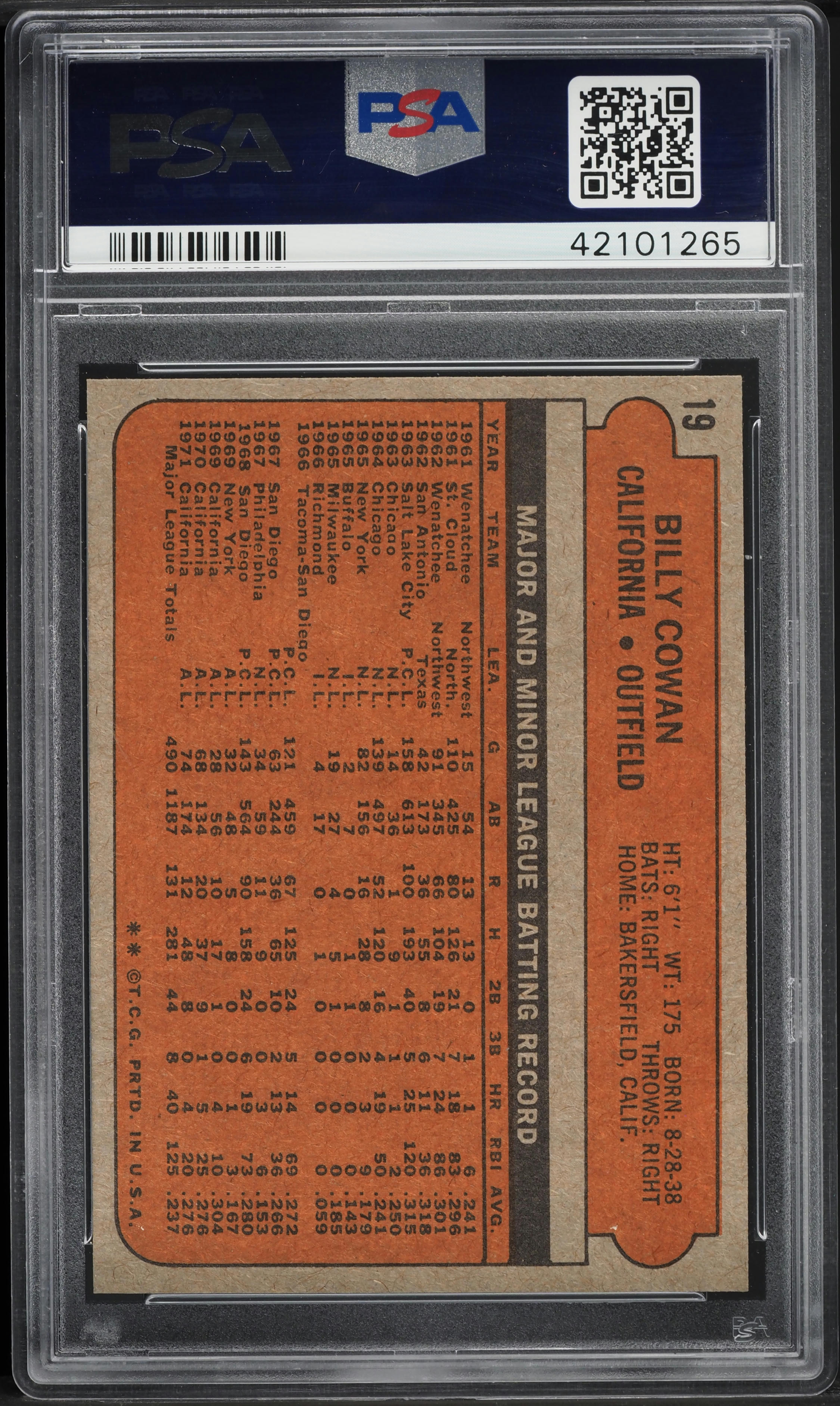 1972 Topps Billy Cowan #19 PSA 10 GEM MINT