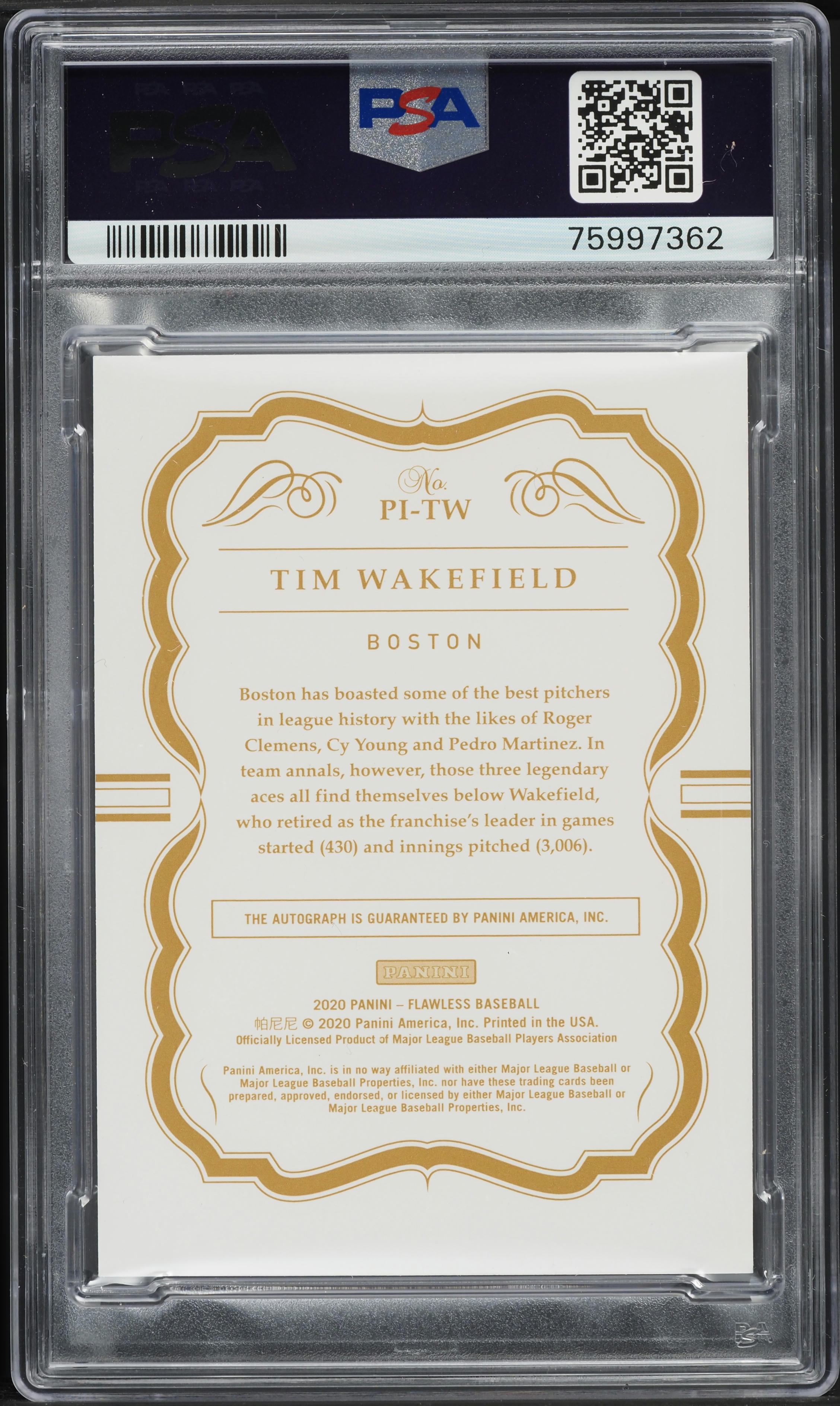 2020 Panini Flawless Premium Ink Emerald Tim Wakefield AUTO /3 #PI-TW PSA 9 MINT