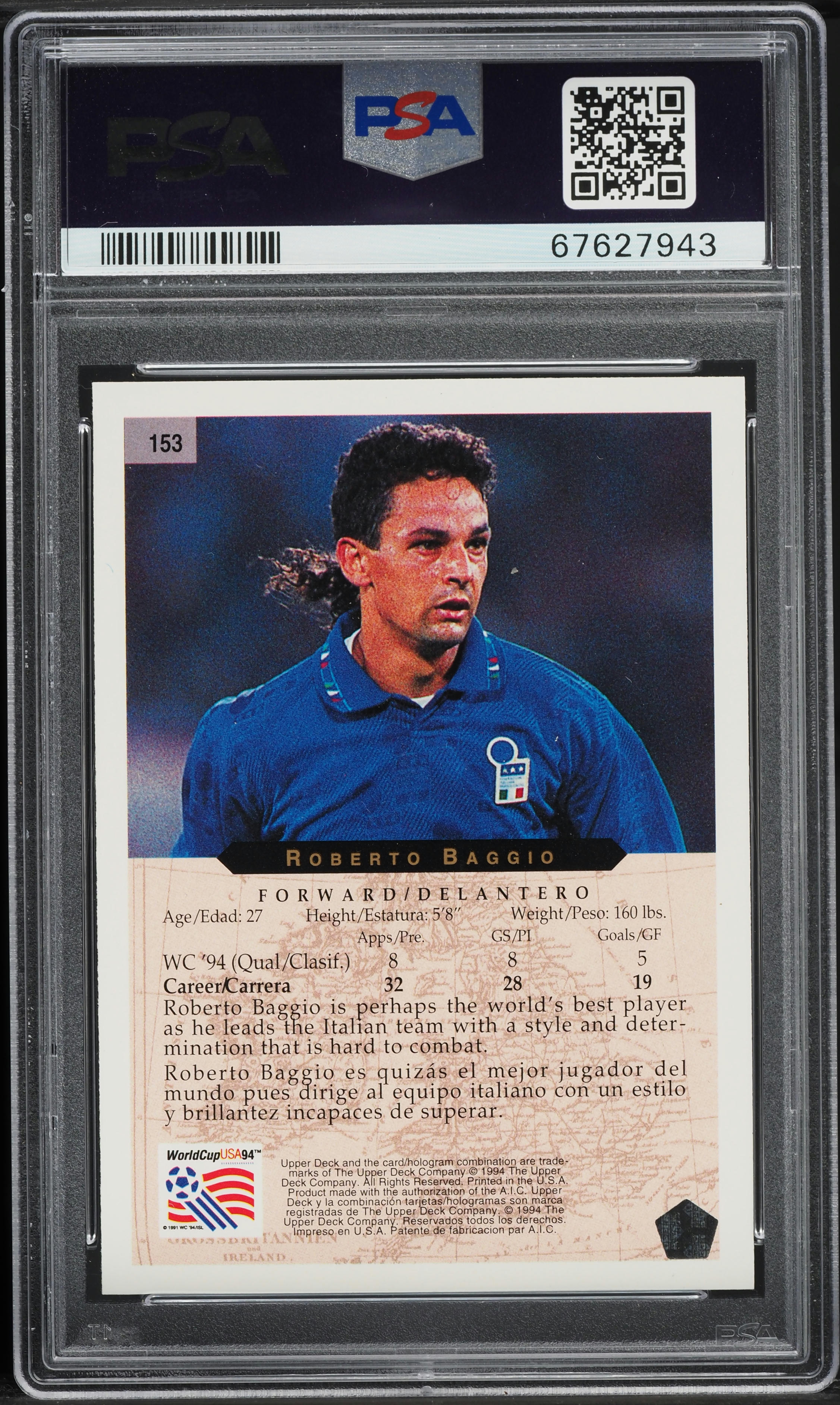1994 Upper Deck World Cup English Spanish Roberto Baggio #153 PSA