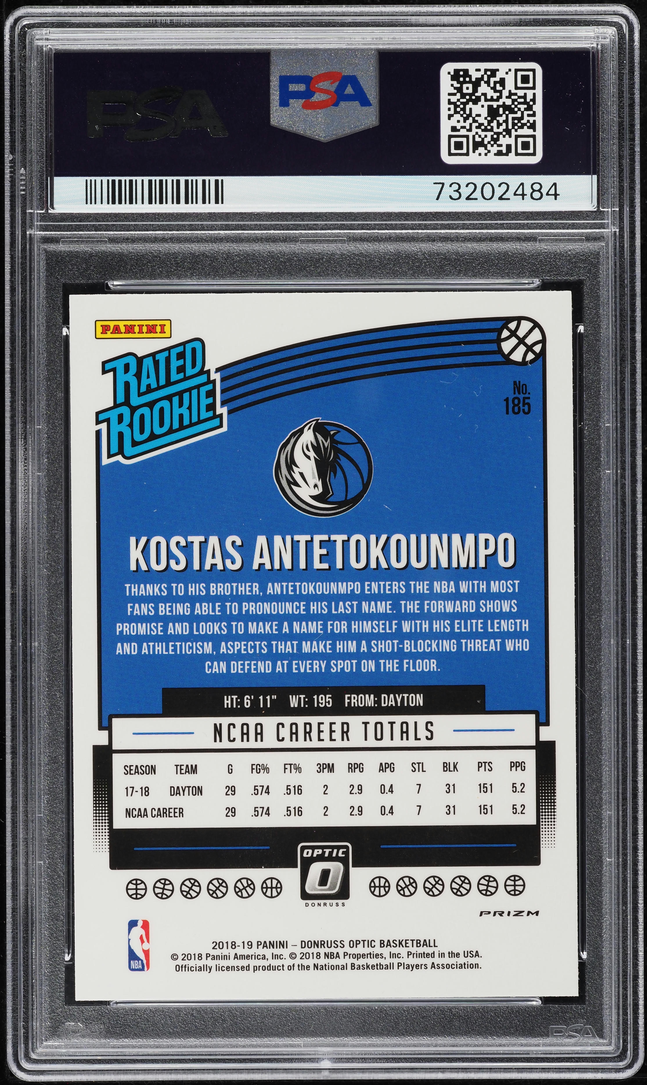 2018 Donruss Optic Shock Kostas Antetokounmpo ROOKIE #185 PSA 9 MINT