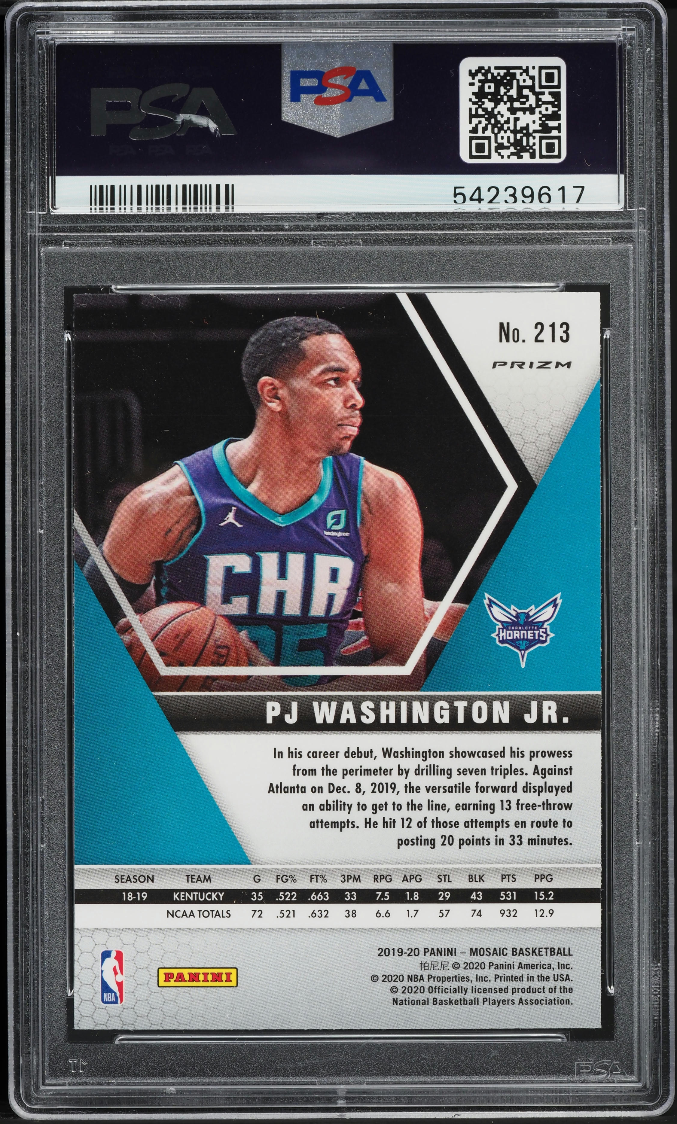 2019 Panini Mosaic Green PJ Washington Jr. ROOKIE #213 PSA 9 MINT 