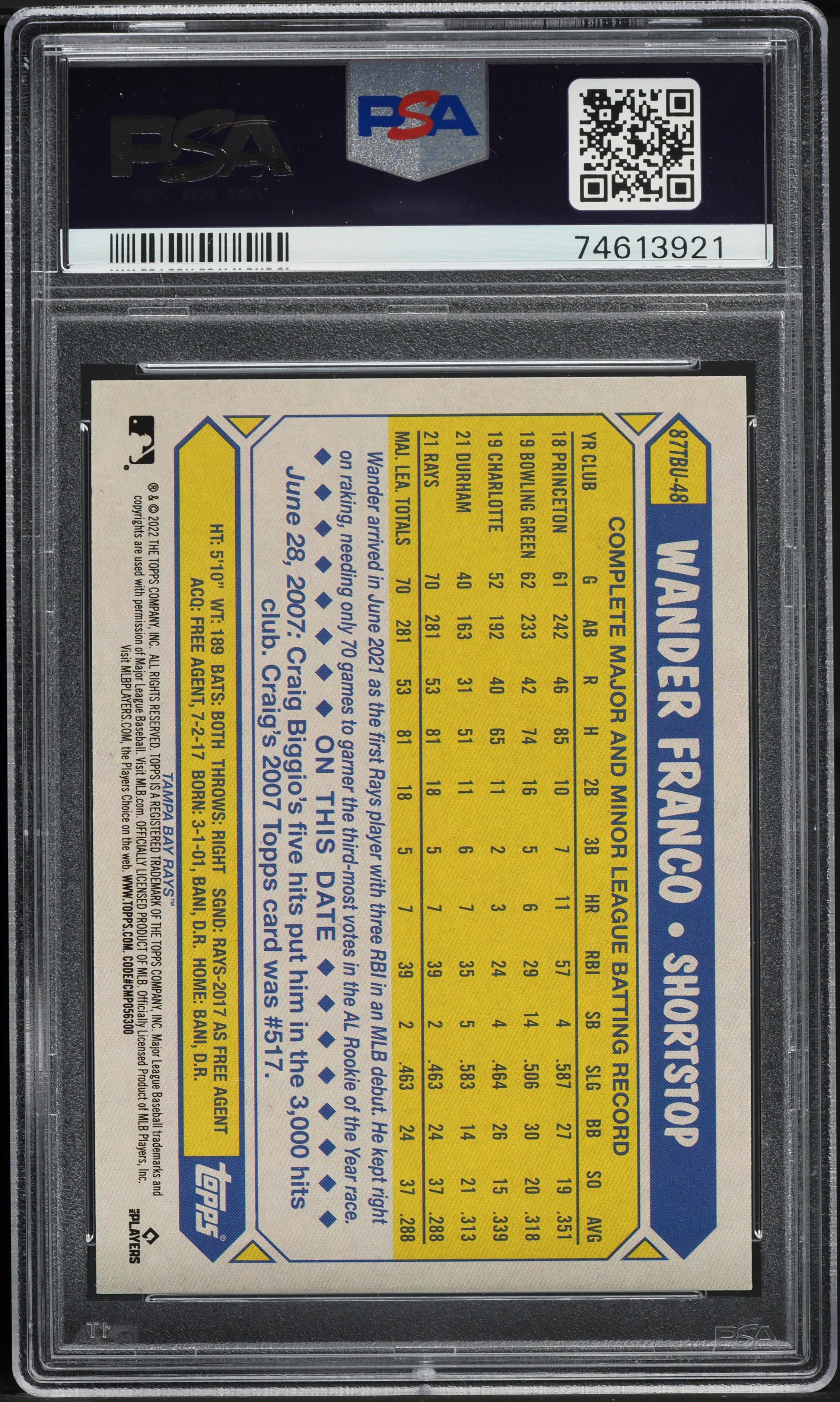 2022 Topps Update '87 Wander Franco ROOKIE #87TBU-48 PSA 10 GEM MINT