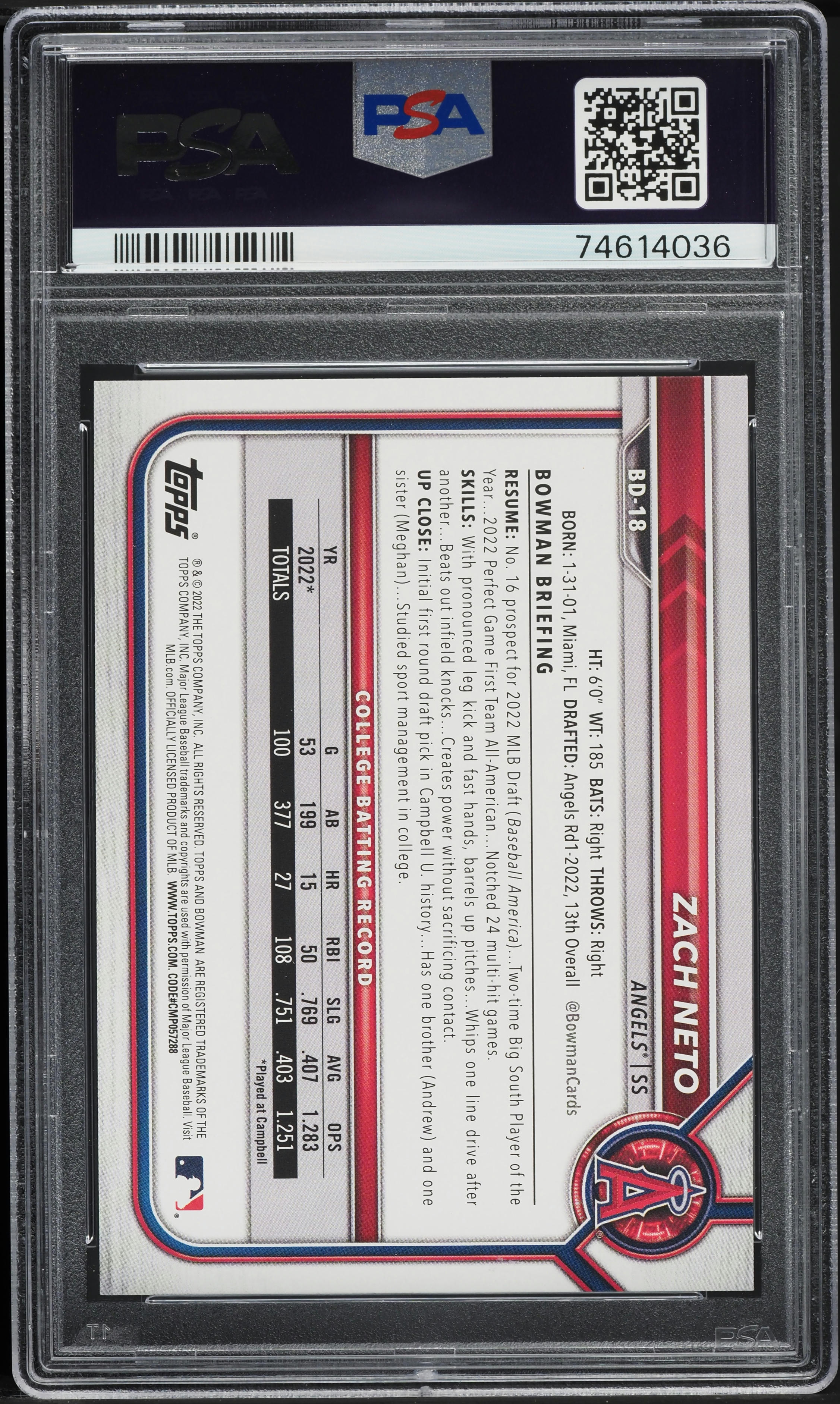 2022 Bowman Draft Zach Neto ROOKIE #BD18 PSA 10 GEM MINT