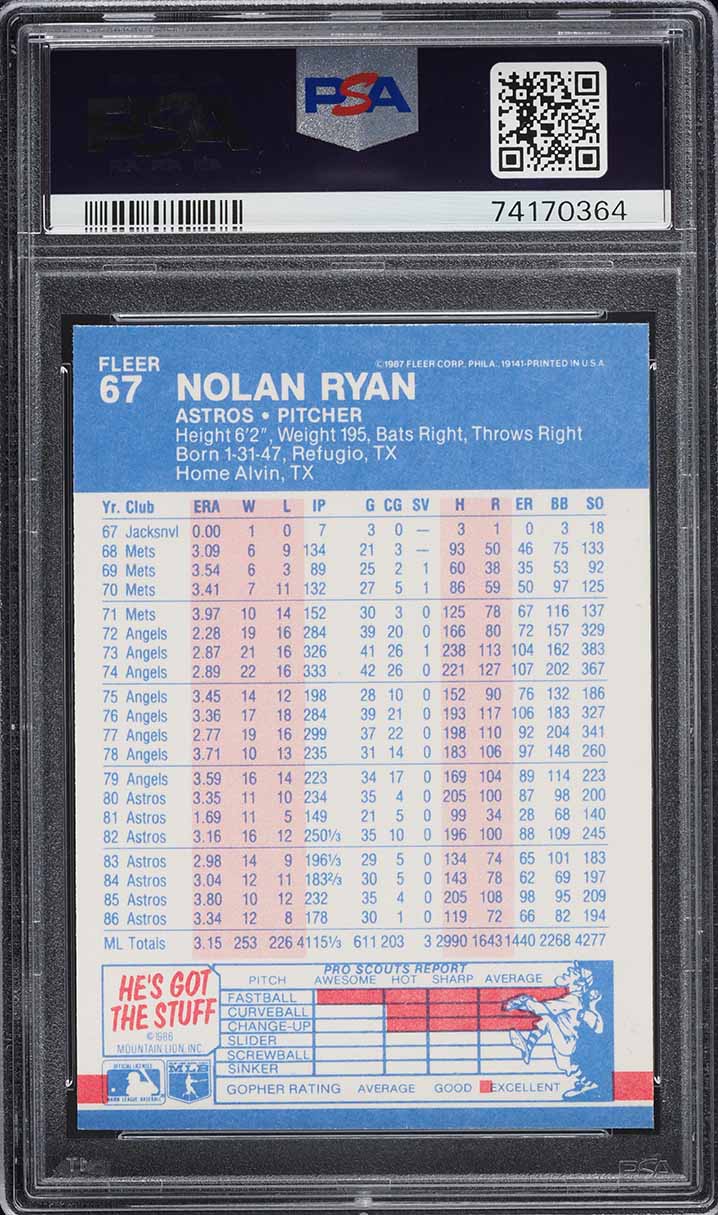 1987 Fleer Nolan Ryan #67 PSA 6 EXMT
