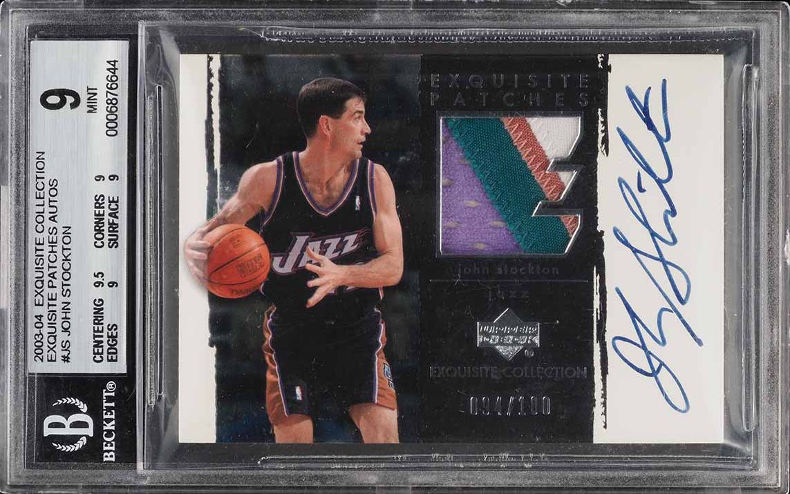 2003 Exquisite Collection John Stockton PATCH AUTO /100 #AP-JS BGS 9 MINT