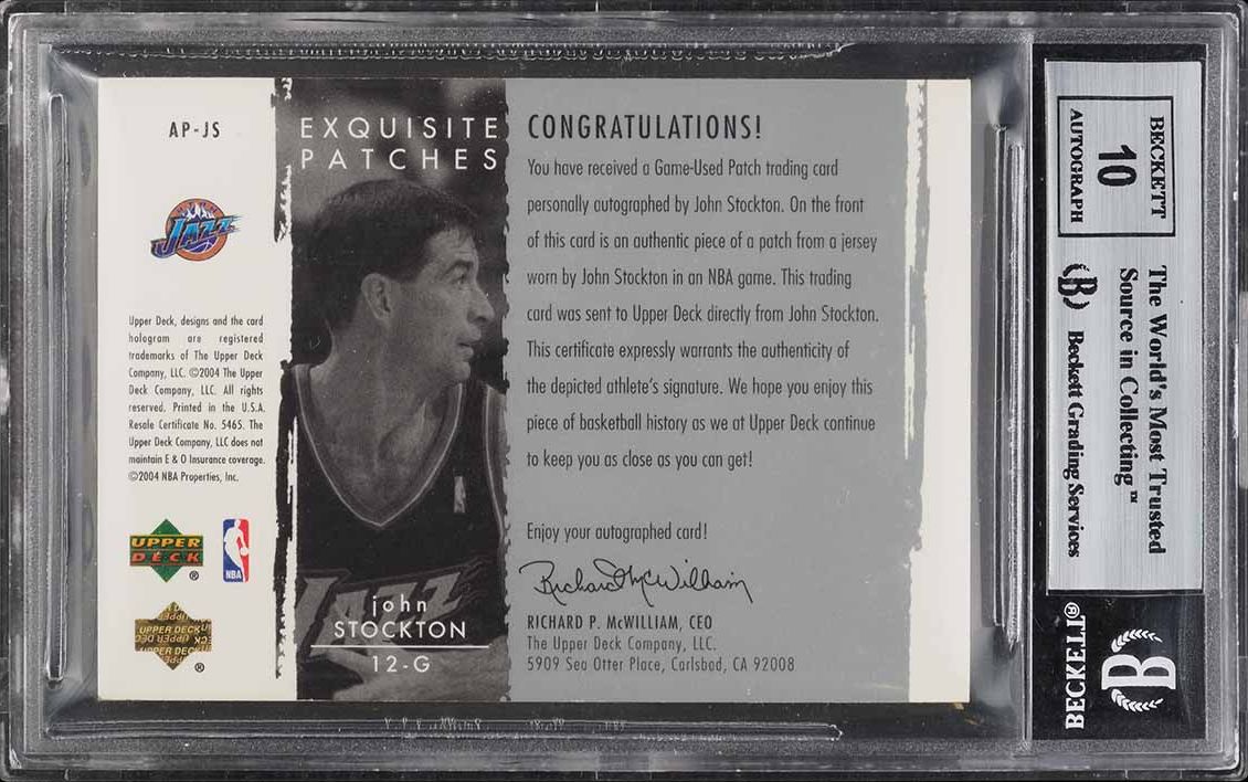 2003 Exquisite Collection John Stockton PATCH AUTO /100 #AP-JS BGS 9 MINT