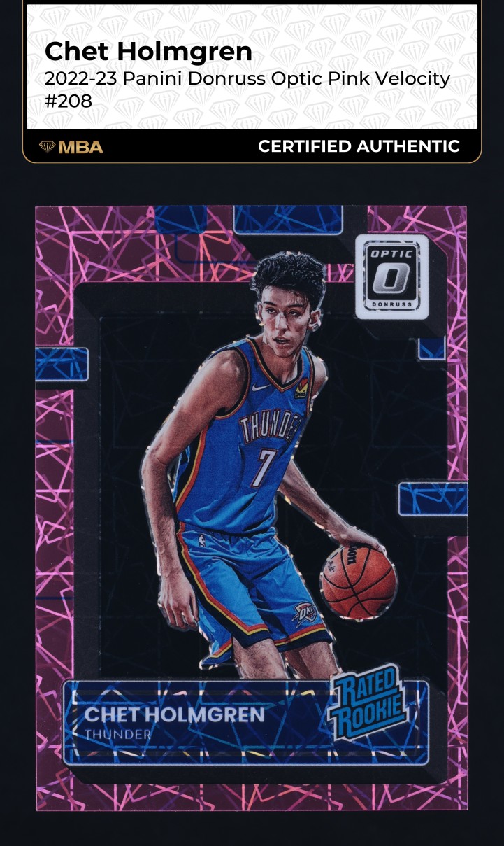 2022 Donruss Optic Pink Velocity Chet Holmgren ROOKIE /79 #208 MBA AUTH