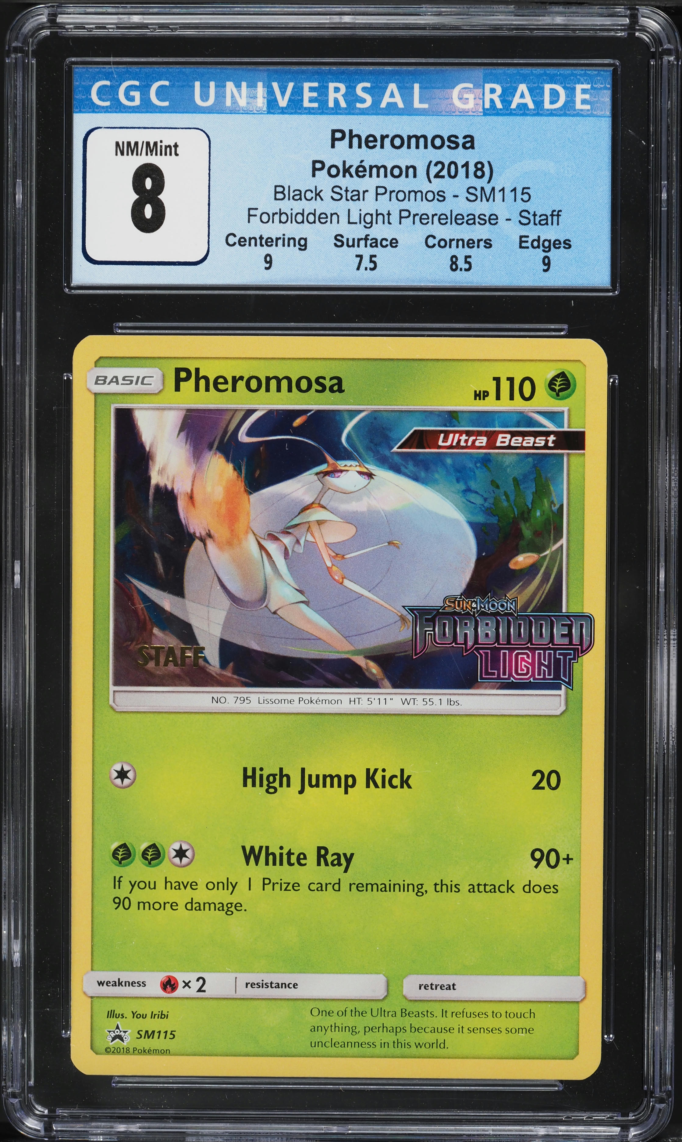 2018 Pokemon SM Promo Forbidden Light Prerelease Staff Holo Pheromosa CGC 8