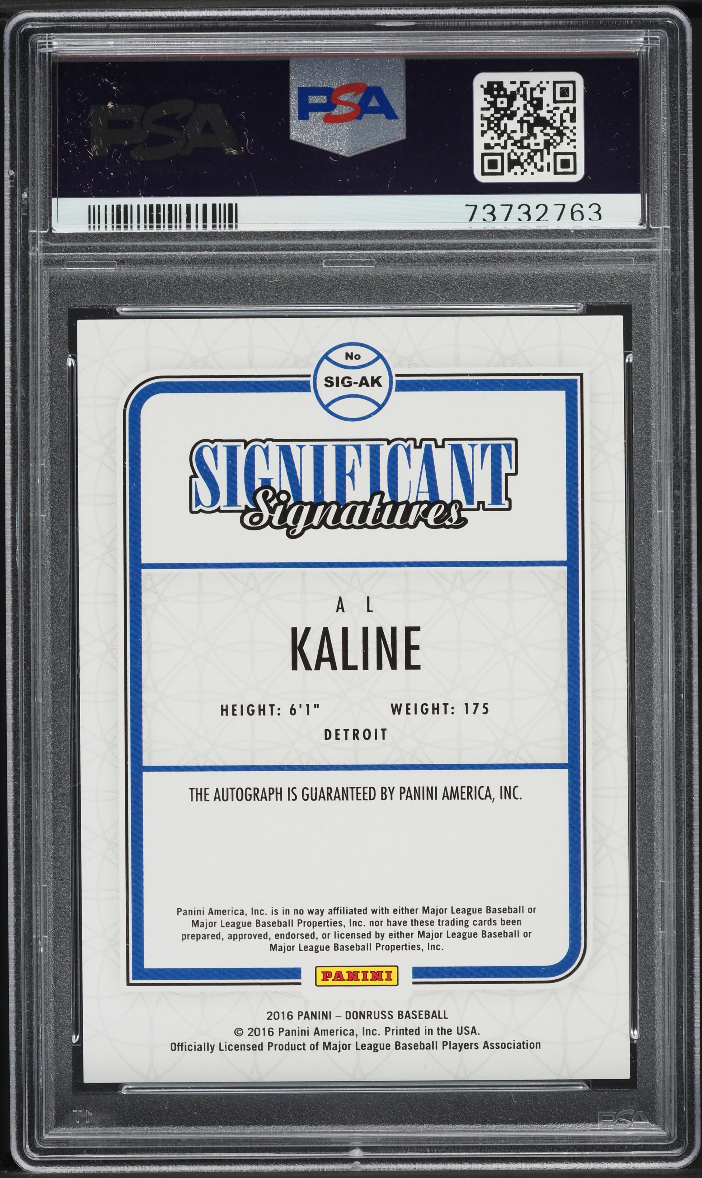 2016 Donruss Significant Signatures Black Al Kaline AUTO 1/1 #SIG-AK PSA 10 GEM MINT