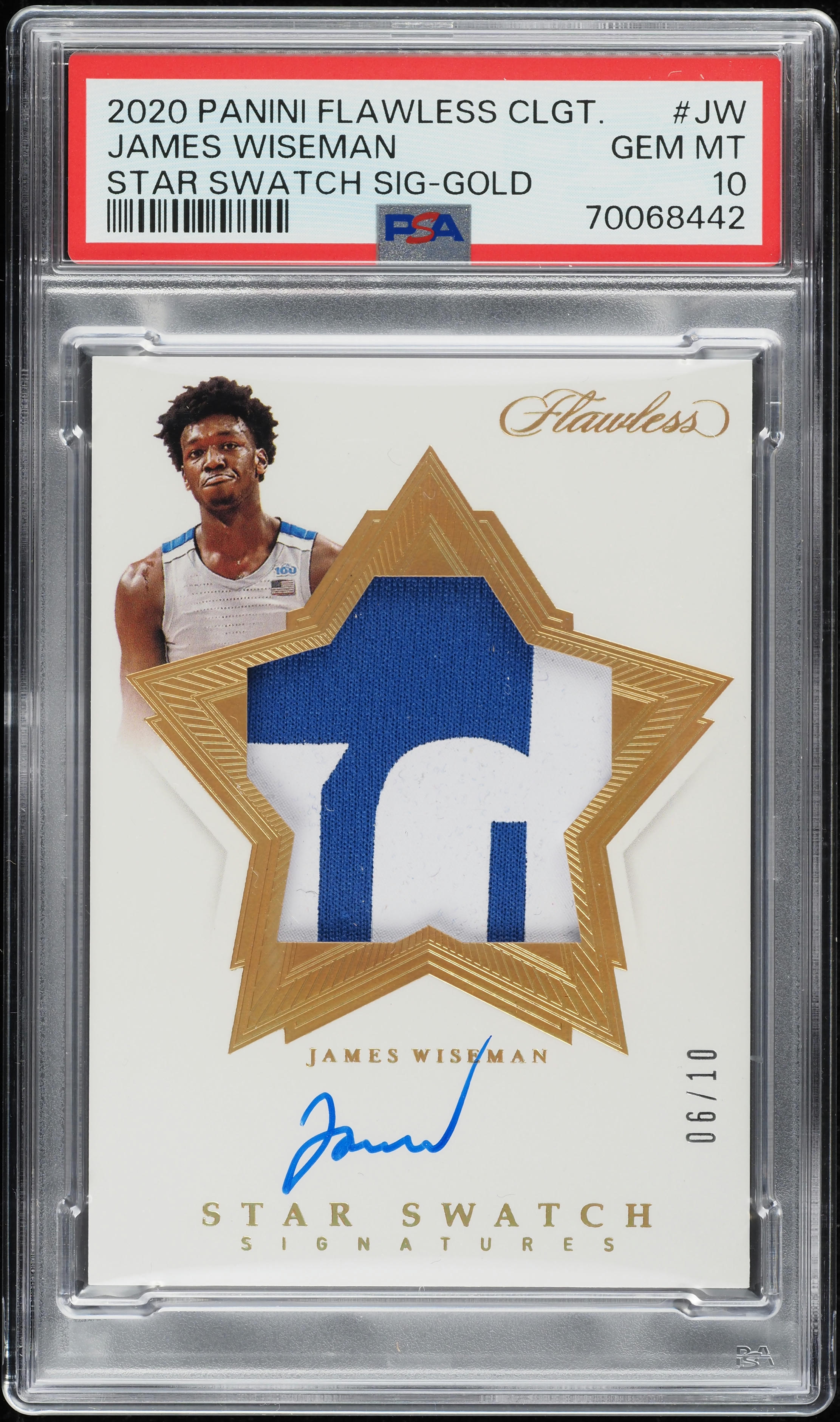 2020 Panini Flawless Collegiate Star Gold James Wiseman RC PATCH AUTO /10 PSA 10