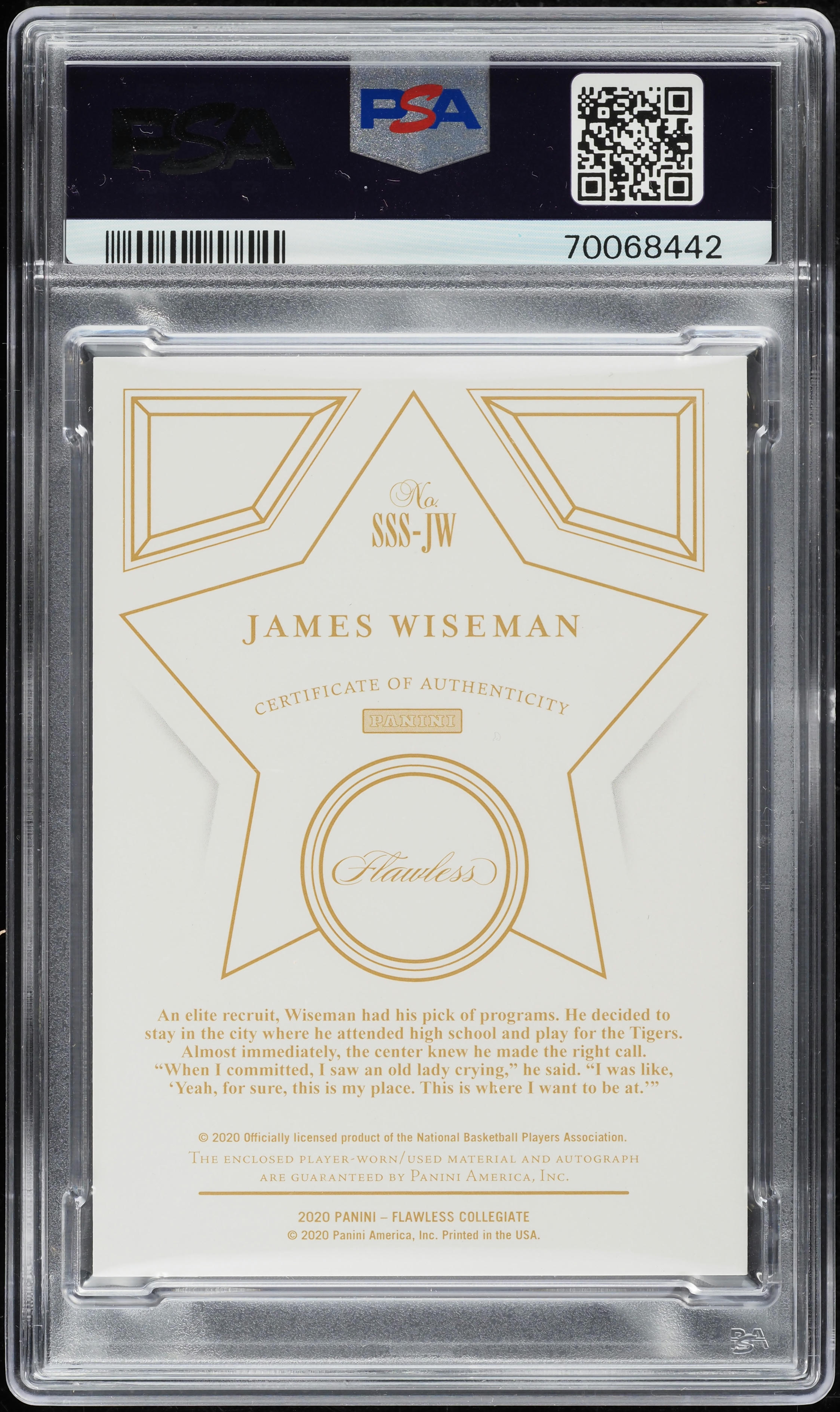 2020 Panini Flawless Collegiate Star Gold James Wiseman RC PATCH AUTO /10 PSA 10