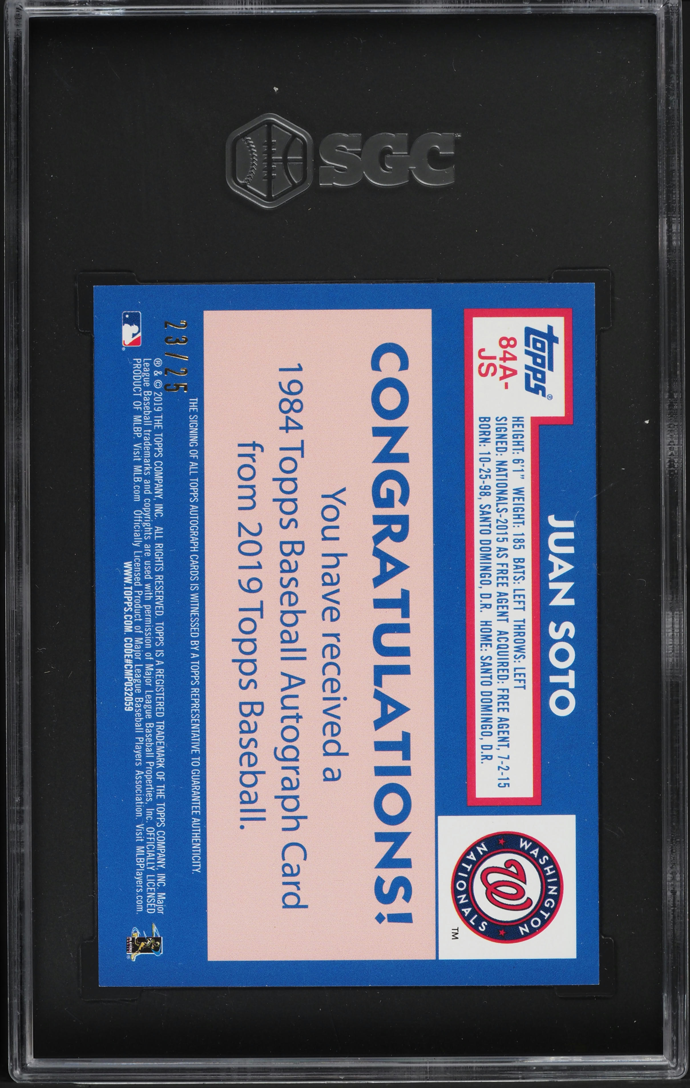 2019 Topps '84 Design Red Juan Soto AUTO /25 #84A-JS SGC 8.5 NM-MT+