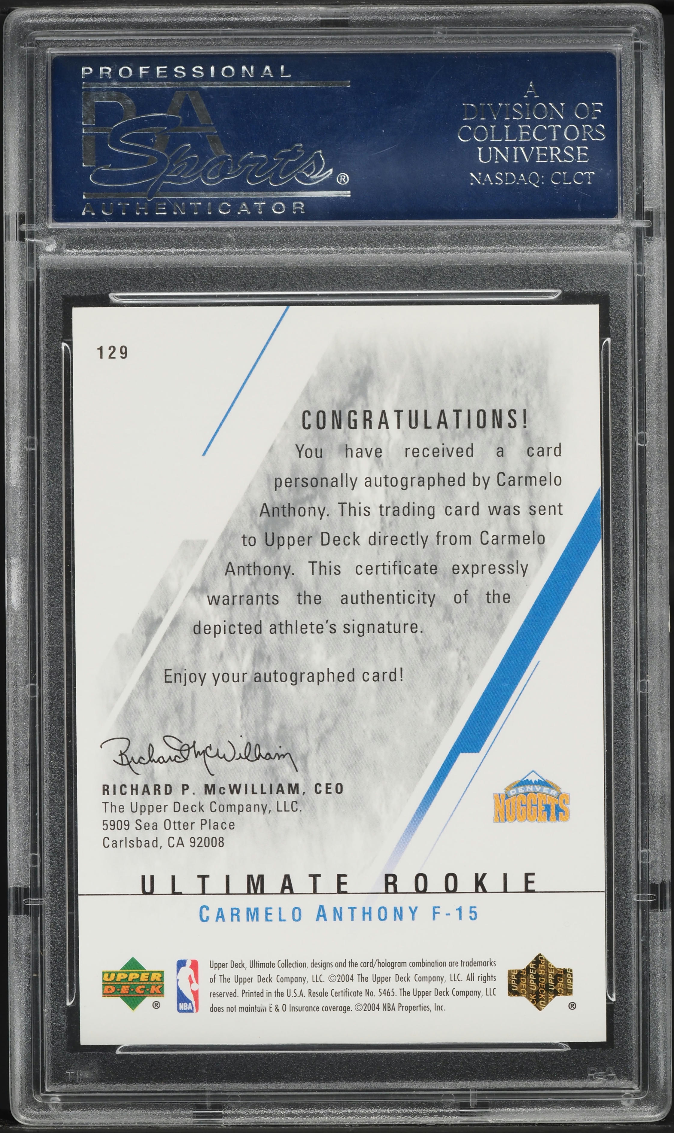 2003 Ultimate Collection Carmelo Anthony ROOKIE AUTO /250 #129 PSA 10 GEM MINT