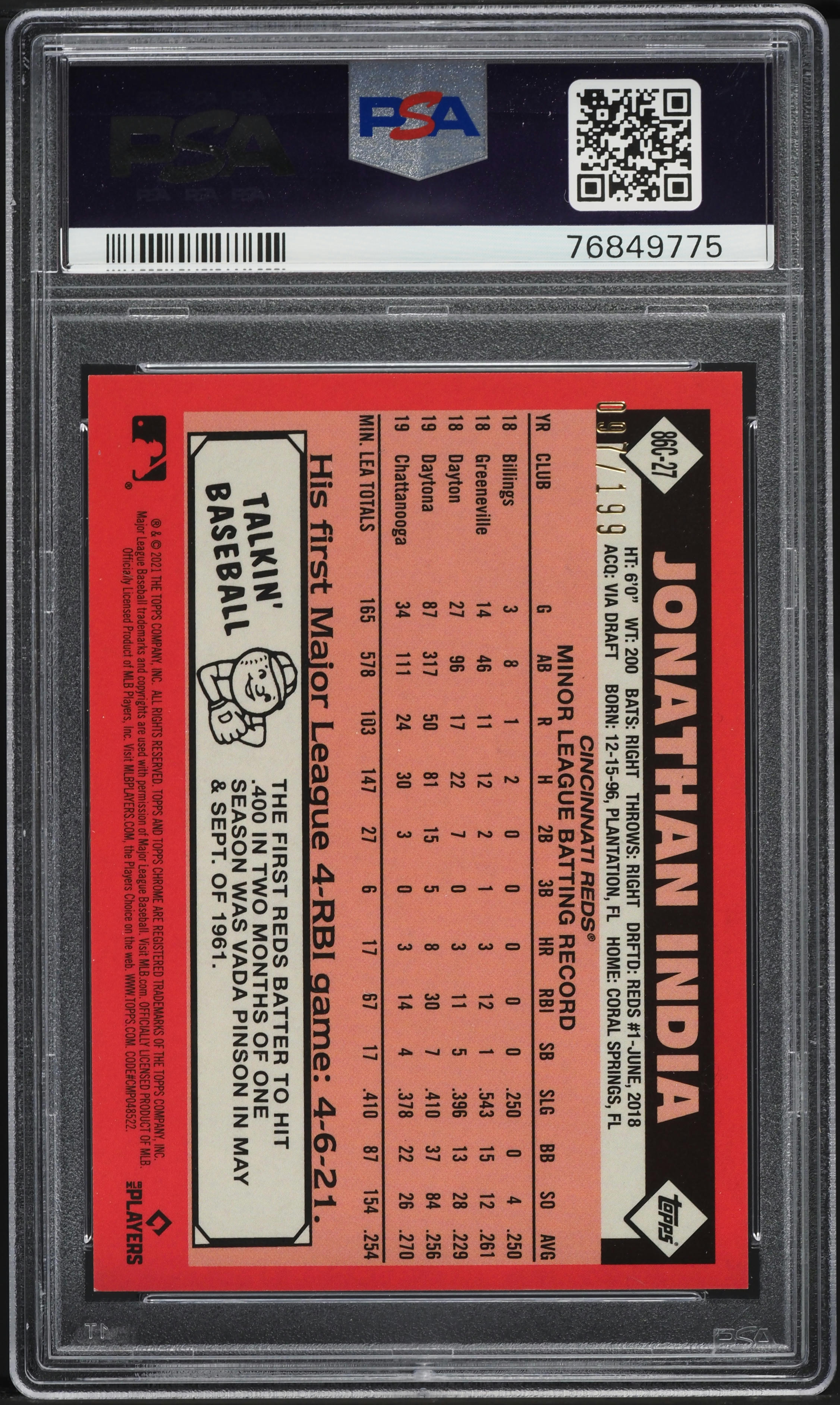 2021 Topps Silver Pack '86 Chrome Update Black Jonathan India RC /199 #27 PSA 10