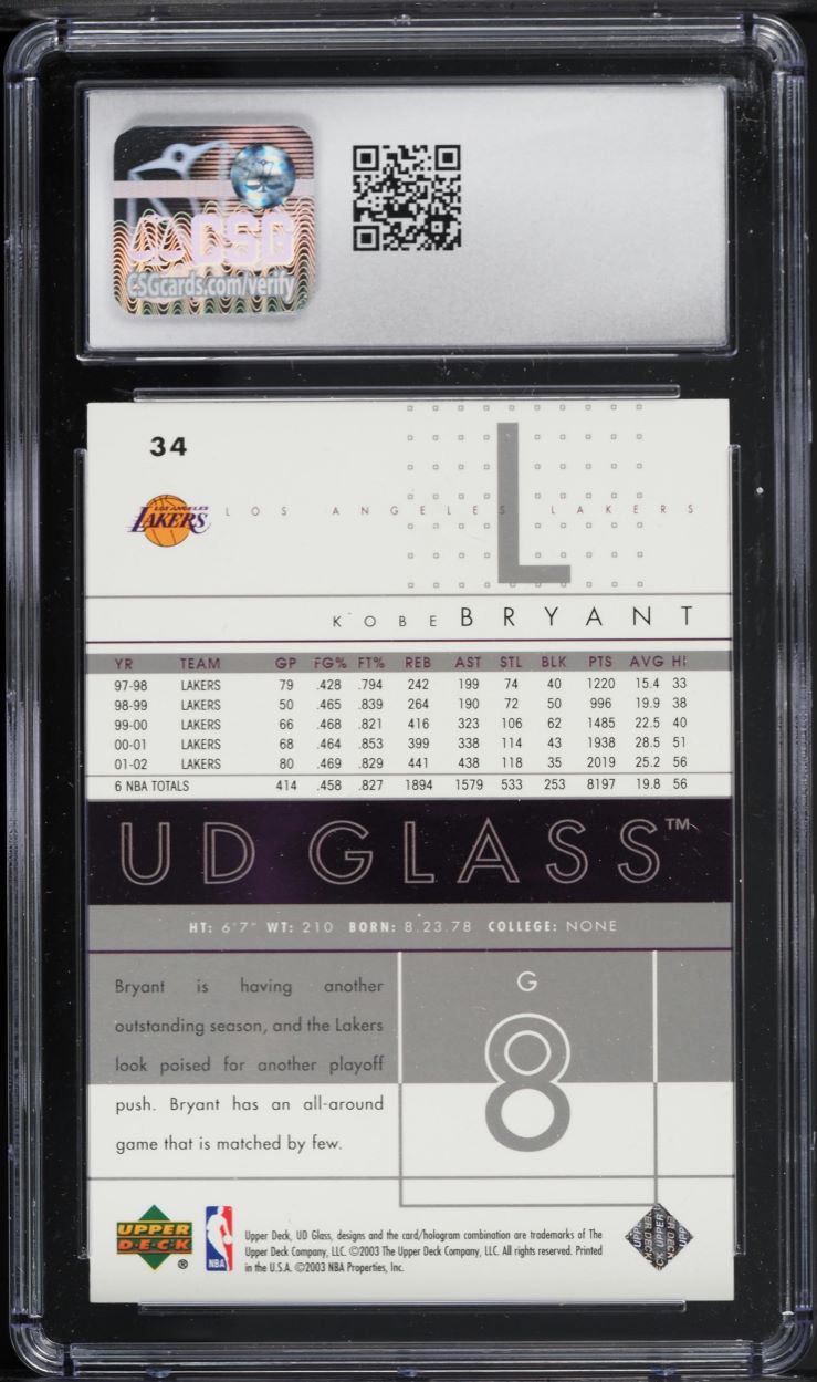 2002 Upper Deck Glass Kobe Bryant #34 CSG 10 GEM MINT