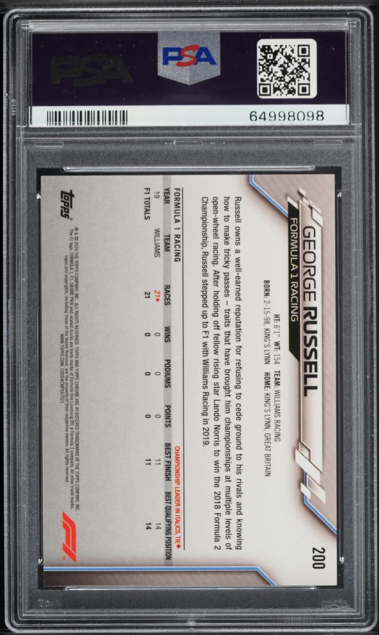 2020 Topps Chrome Formula 1 F1 Sapphire George Russell ROOKIE #200 PSA 10 GEM MINT