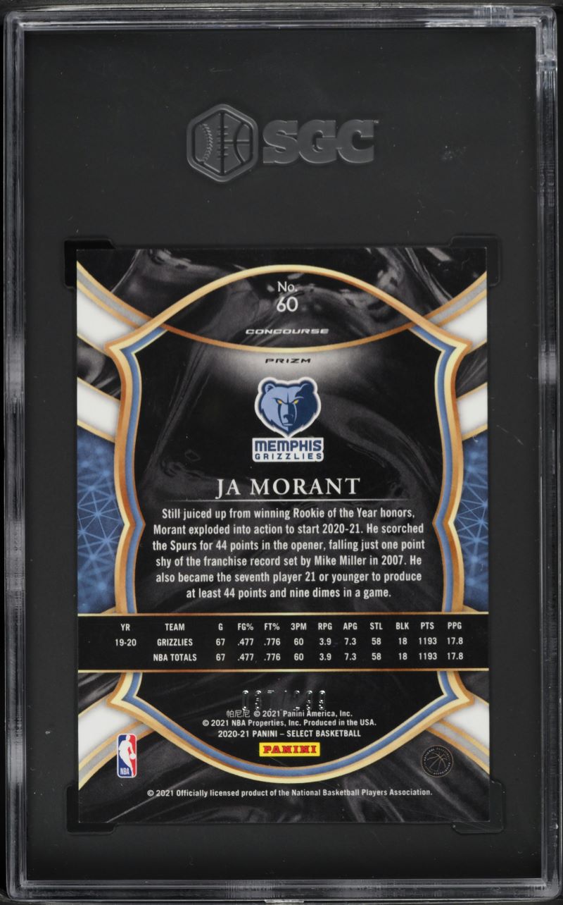2020 Select Concourse Light Blue Prizm Ja Morant /299 #60 SGC 10 GEM MINT