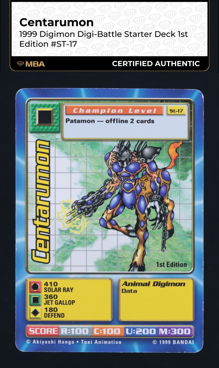 1999 Digimon Digi-Battle Starter Deck 1st Edition Centarumon #ST-17 MBA AUTH on Fanatics Collect 1999 Digimon Digi-Battle Starter Deck 1st Edition Centarumon #ST-17 MBA AUTH on Fanatics Collect