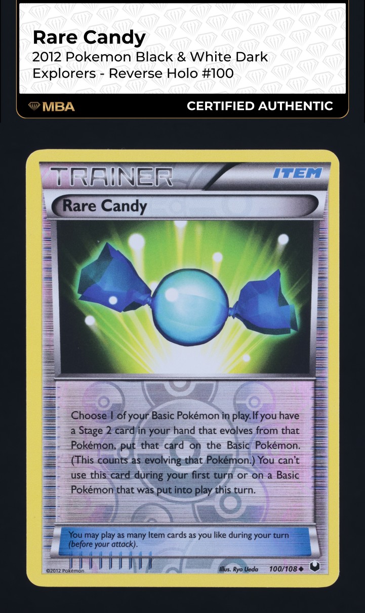 2012 Pokemon Black & White Dark Explorers Reverse Holo Rare Candy #100 MBA  AUTH on Fanatics Collect