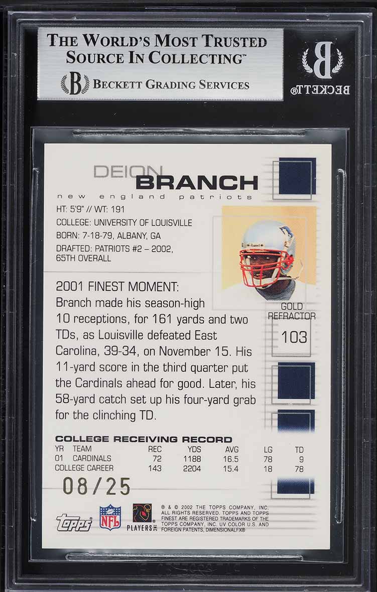2002 Finest Gold Refractor Deion Branch ROOKIE /25 #103 BGS 9 MINT
