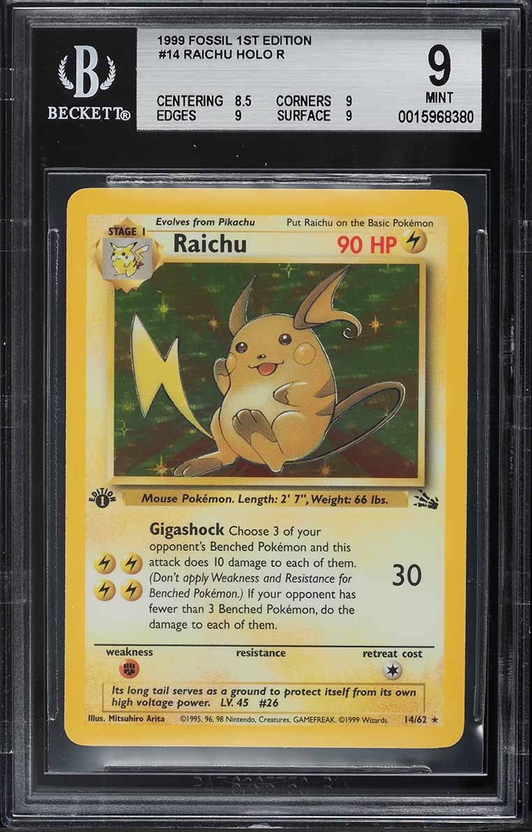 1999 Pokemon Fossil 1st Edition Holo Raichu #14 BGS 9 MINT on