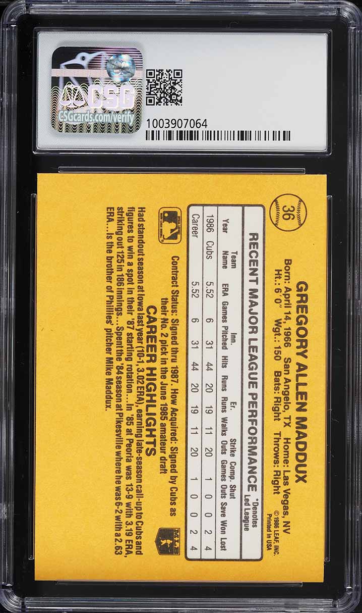 1987 Donruss Greg Maddux ROOKIE #36 CSG 7.5 NRMT+