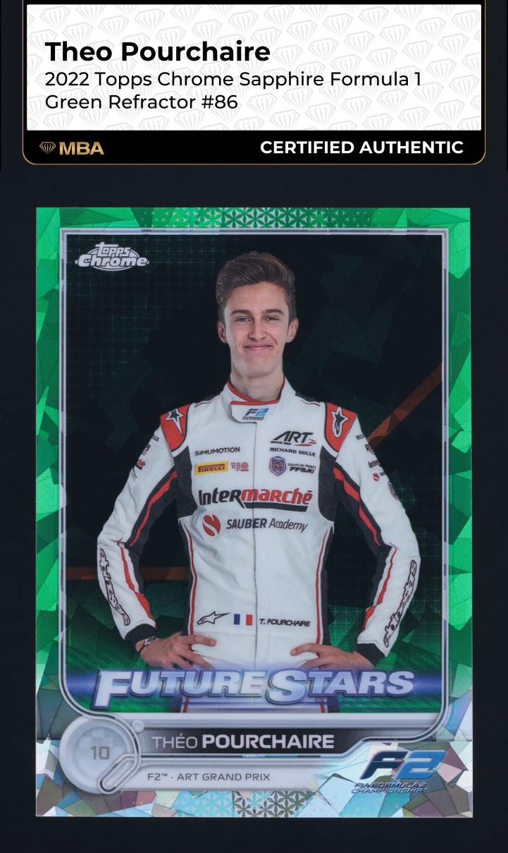 2022 Topps Chrome Sapphire F1 Green Refractor Theo Pourchaire /75 #86 MBA AUTH
