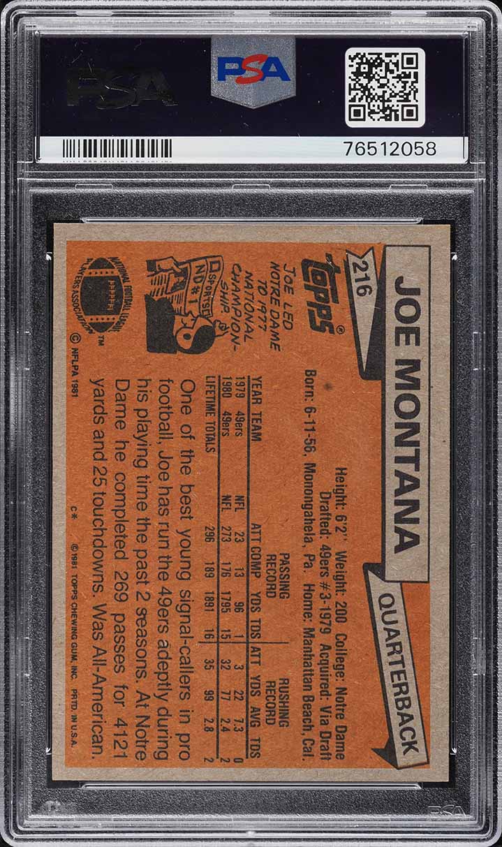 1981 Topps Football Joe Montana ROOKIE #216 PSA 8 NM-MT