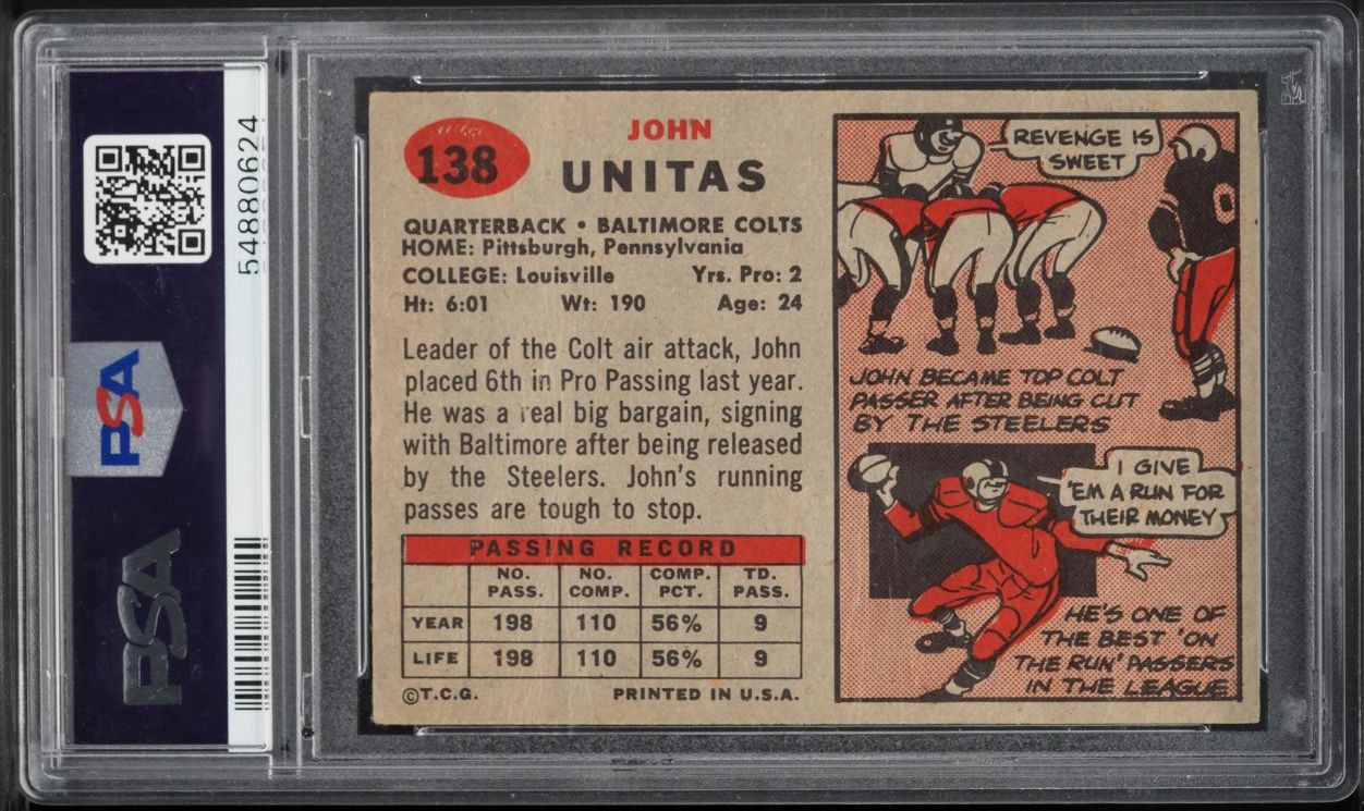 1957 Topps Football Johnny Unitas ROOKIE #138 PSA 1.5 FR