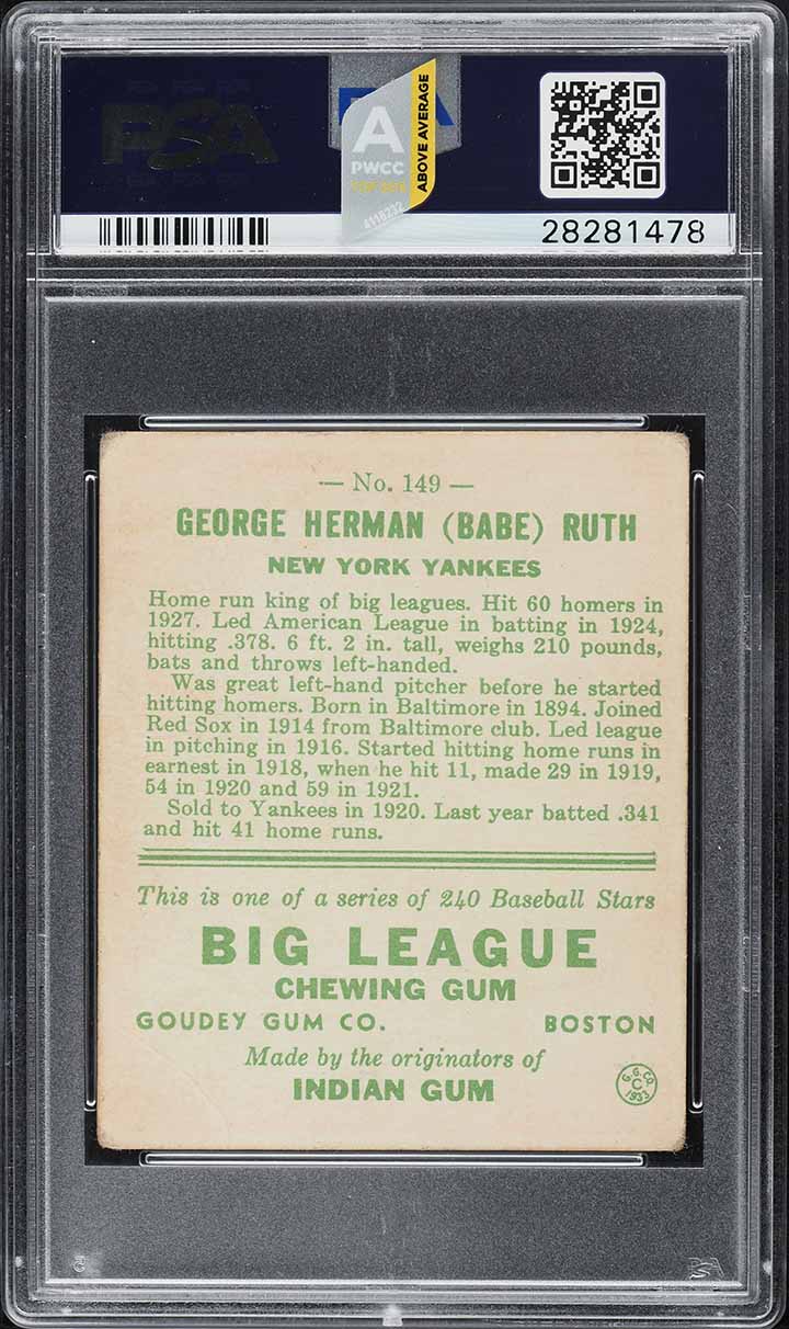 1933 Goudey Babe Ruth #149 PSA 3 VG