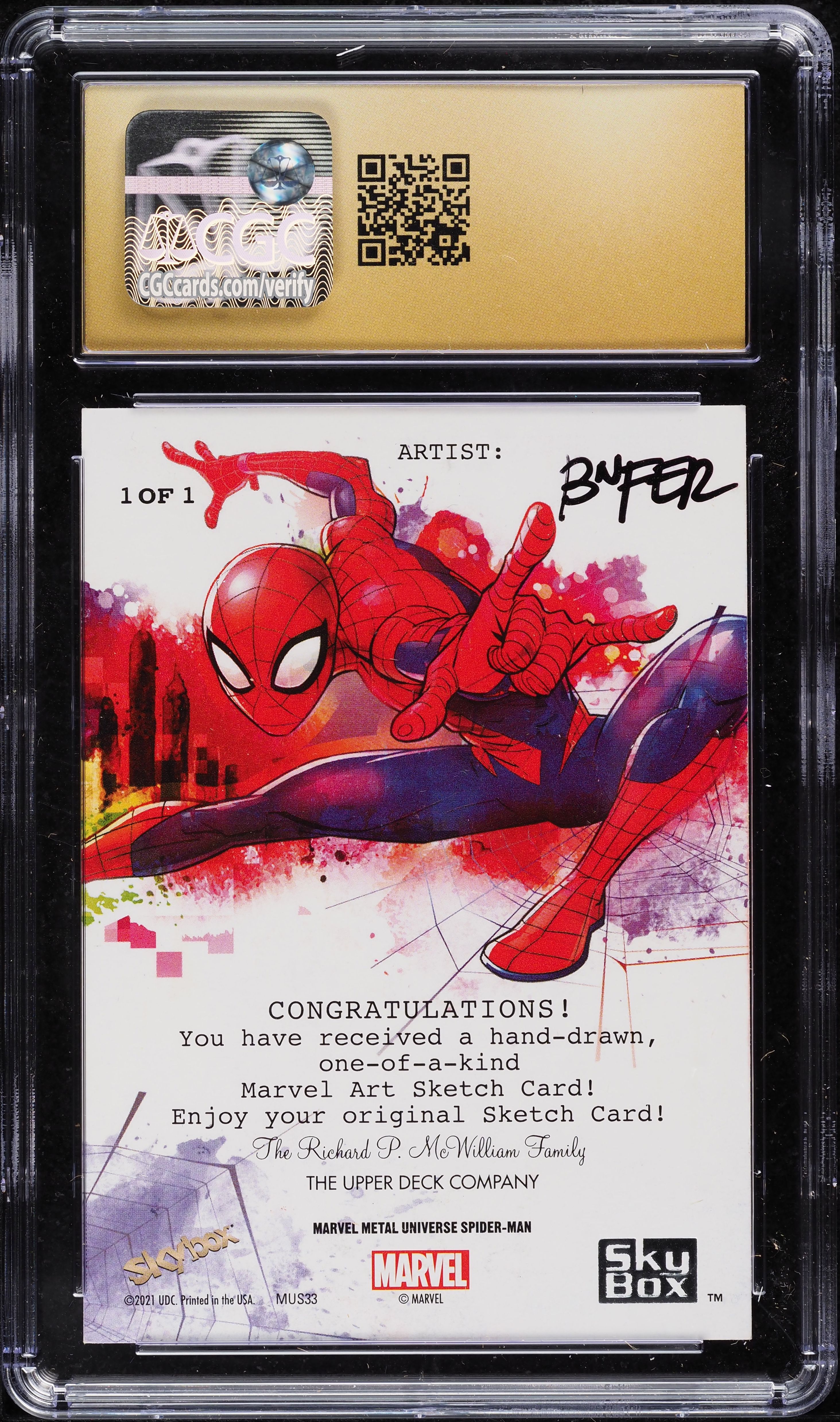 2021 Upper Deck Marvel Metal Sketch Card Bnfer Spider-Man 1/1 CGC