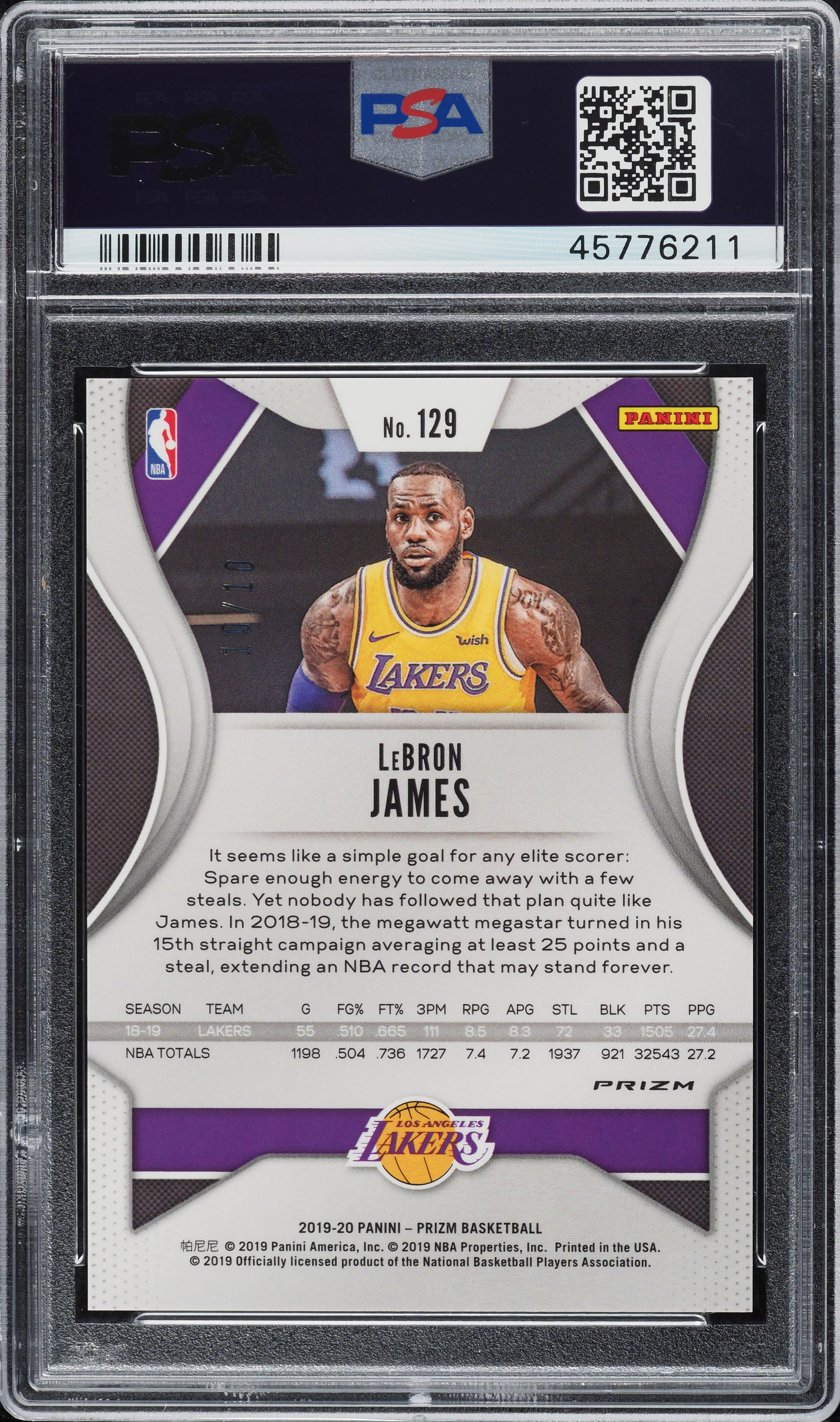 2019 Panini Prizm Gold LeBron James 10/10 #129 PSA 10 GEM MINT on
