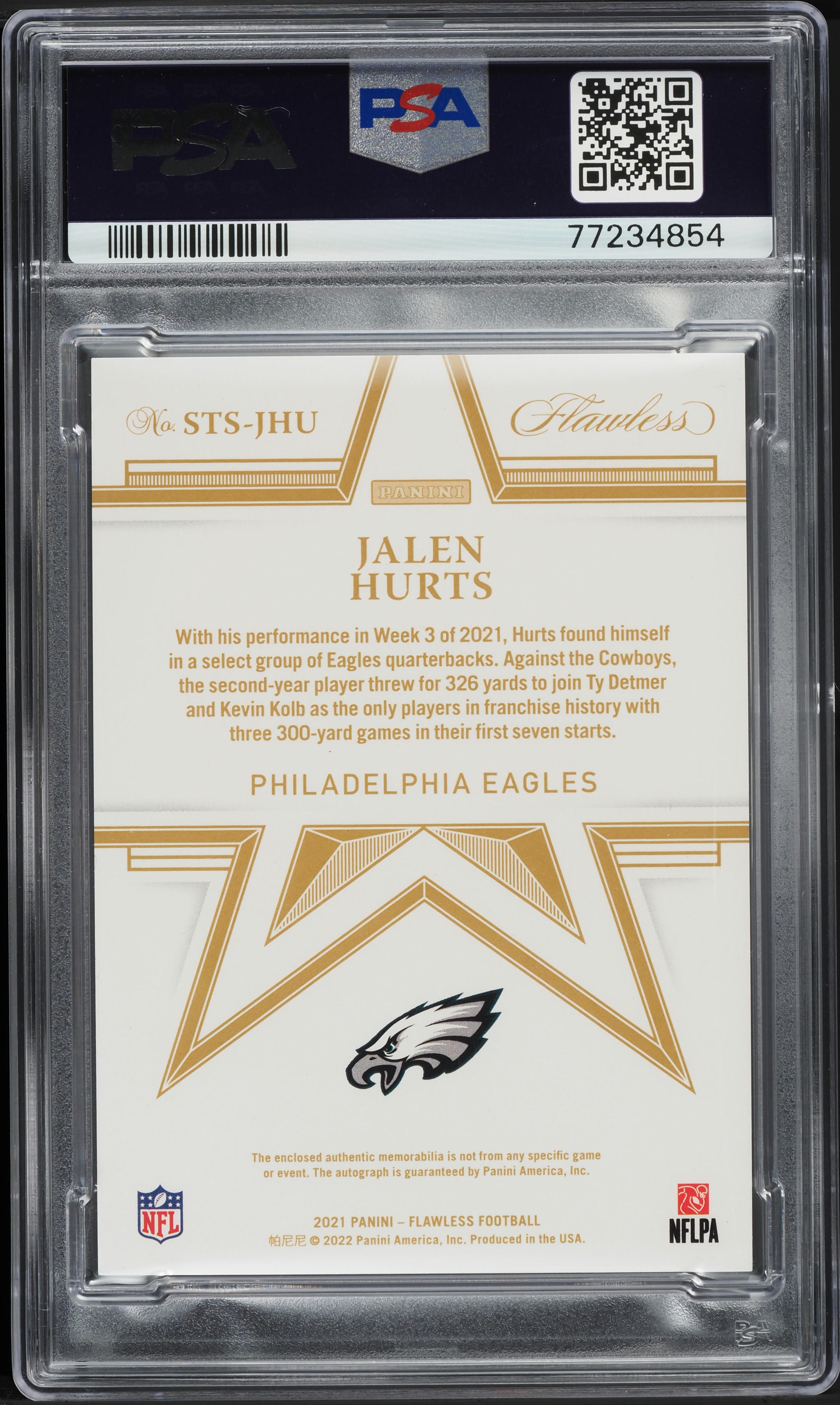 2021 Panini Flawless Star Swatch Jalen Hurts PATCH AUTO /20 #STS-JHU PSA 9 MINT