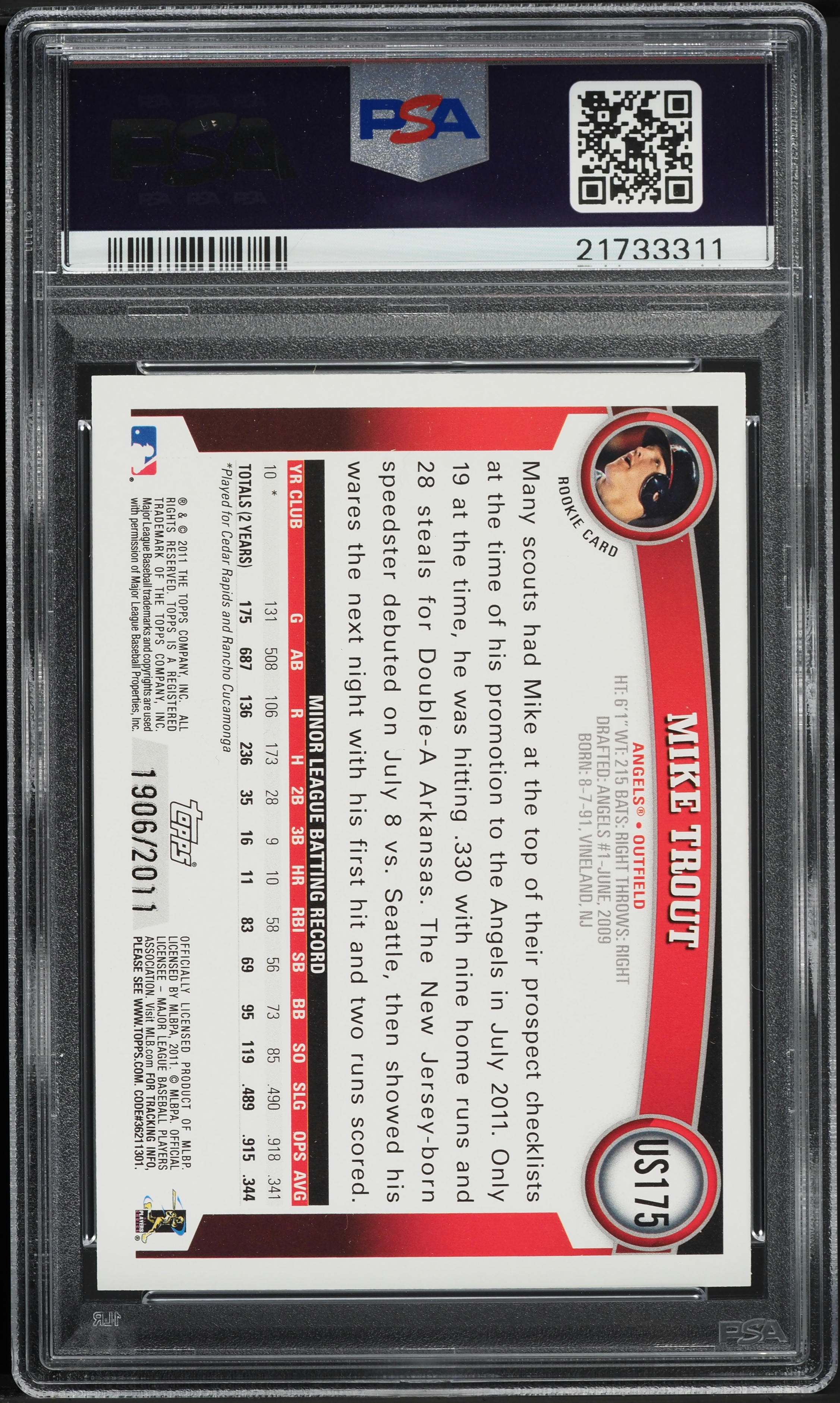 2011 Topps Update Gold Mike Trout ROOKIE /2011 #US175 PSA 9 MINT