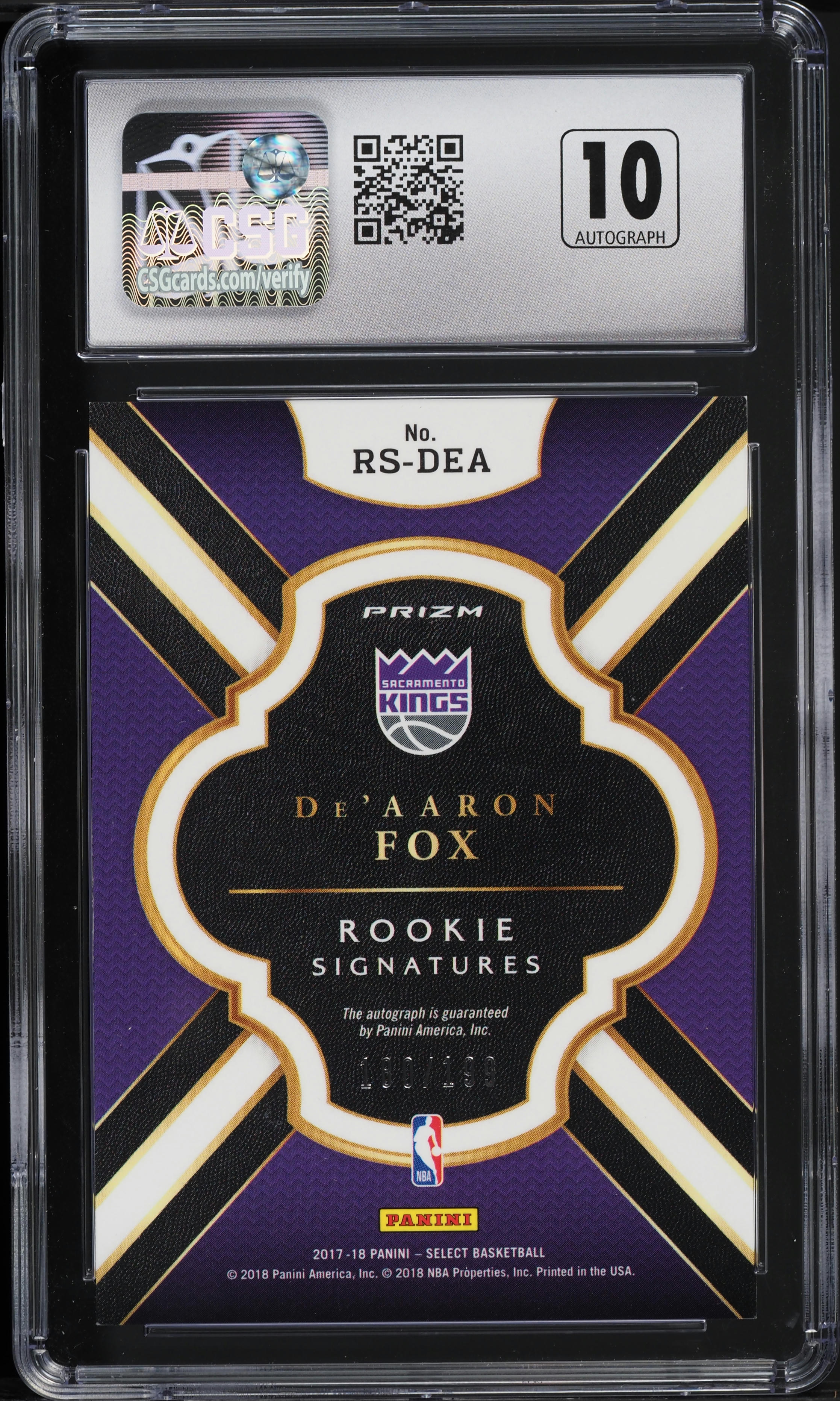 2017 Select Signatures Silver De'Aaron Fox ROOKIE AUTO /199 #RS-DEA CSG 9 MINT