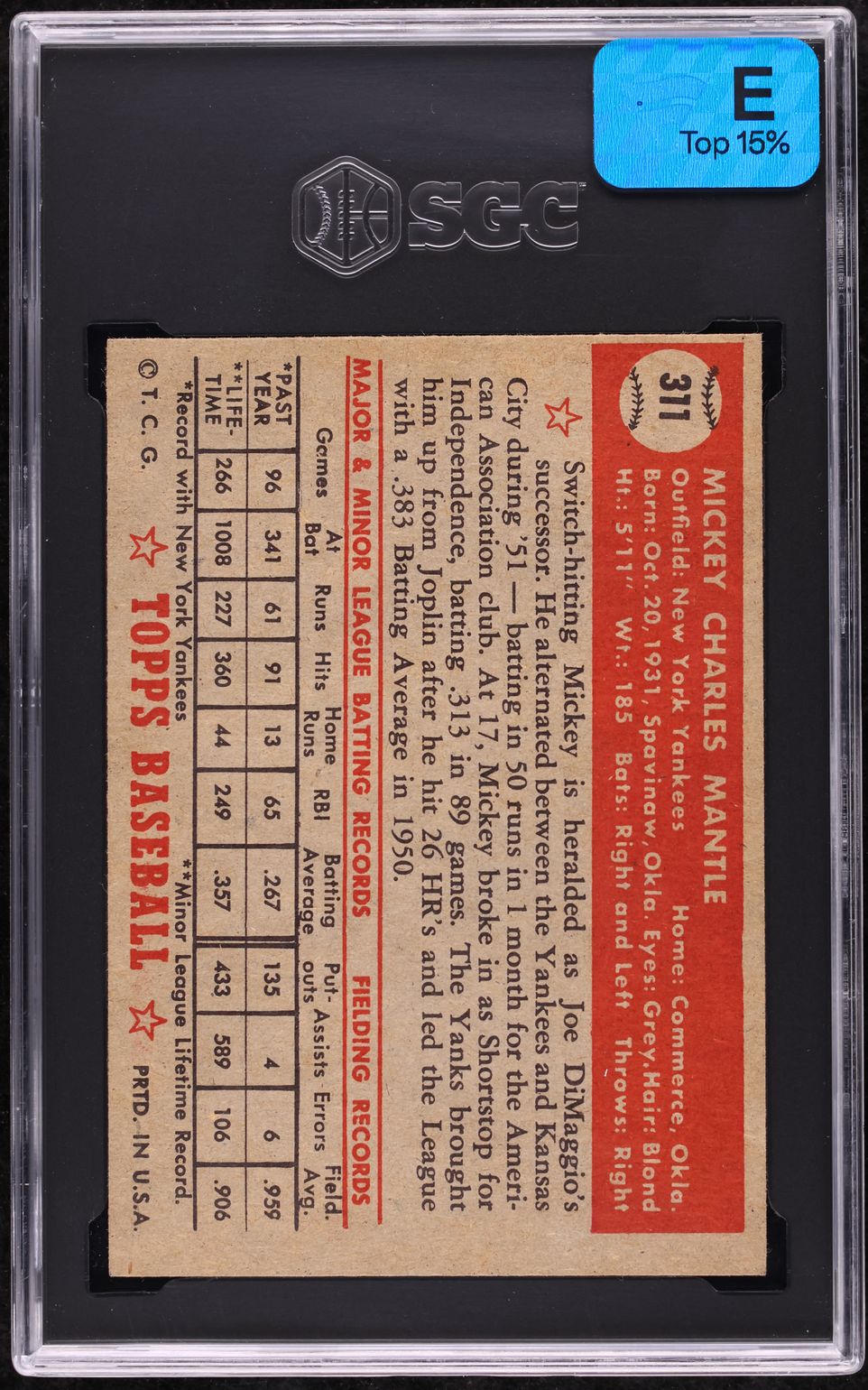1952 Topps Mickey Mantle #311 SGC 6.5 EXMT+