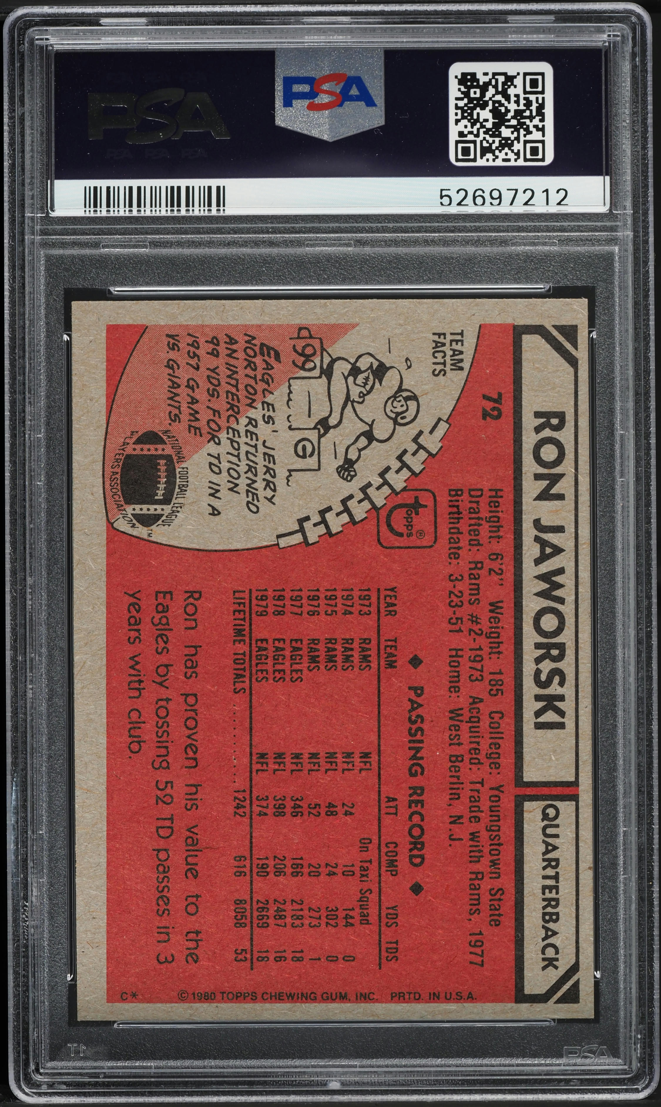 1980 Topps Football Ron Jaworski #72 PSA 6 EXMT