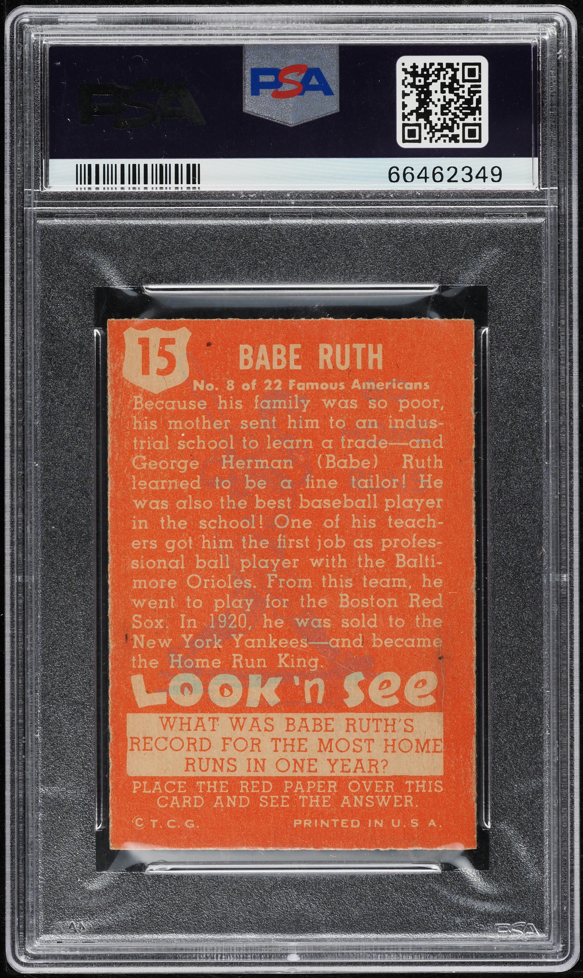 1952 Topps Look 'N See Babe Ruth #15 PSA 7 NRMT