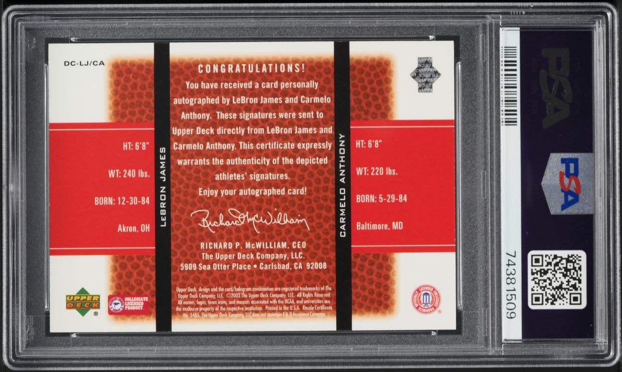 2003 Upper Deck Top Prospects Carmelo Anthony LeBron James ROOKIE AUTO /25 PSA 8