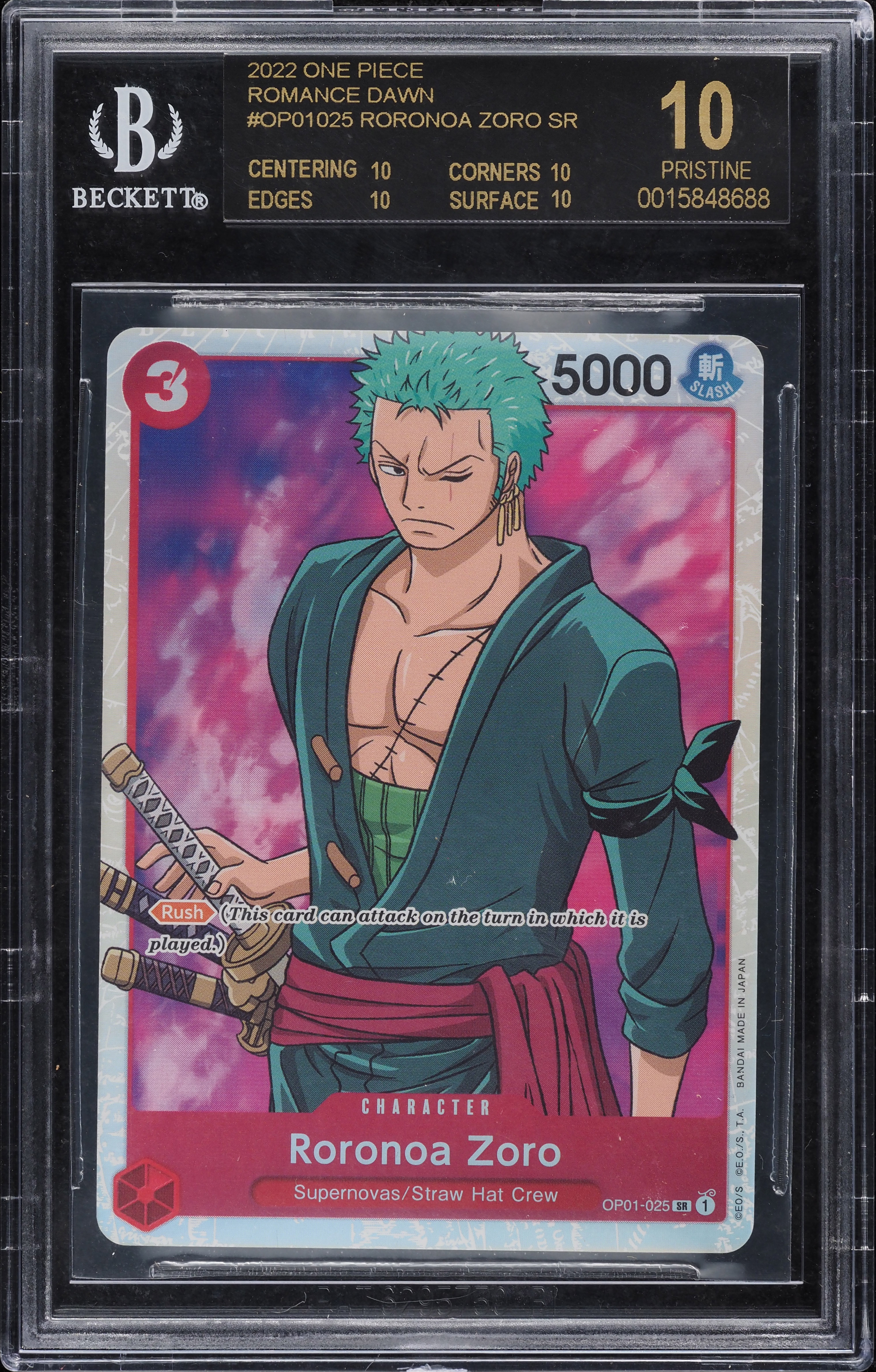 2022 One Piece Romance Dawn Roronoa Zoro #OP01-025 BGS 10 PRISTINE