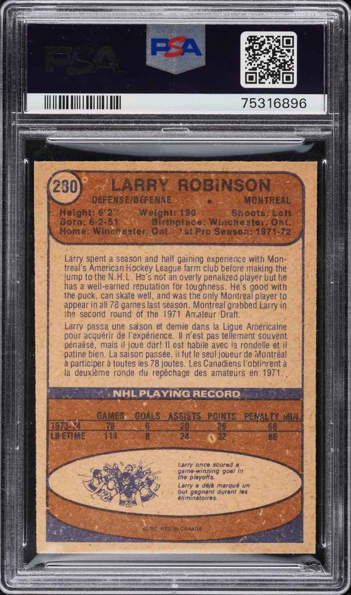 1974 O-Pee-Chee Hockey Larry Robinson #280 PSA 8 NM-MT