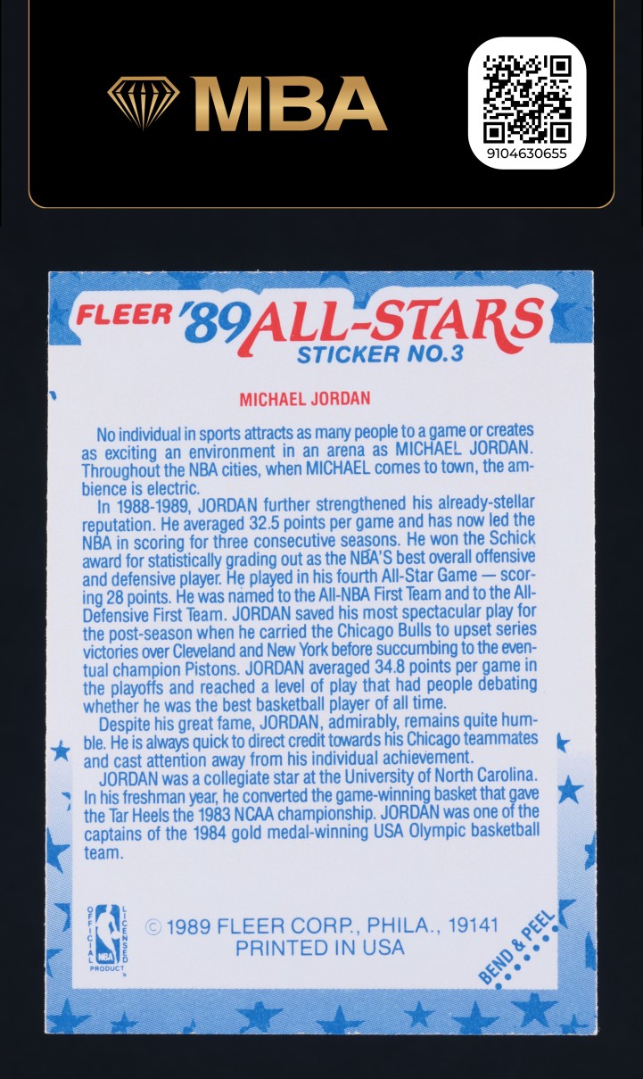 1989 Fleer Sticker Michael Jordan #3 MBA AUTH