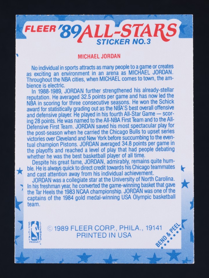 1989 Fleer Sticker Michael Jordan #3 MBA AUTH