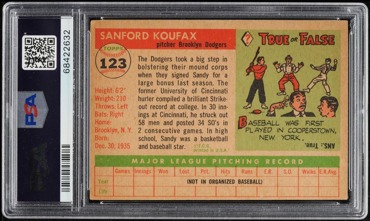 1955 Topps Sandy Koufax ROOKIE #123 PSA 3 VG