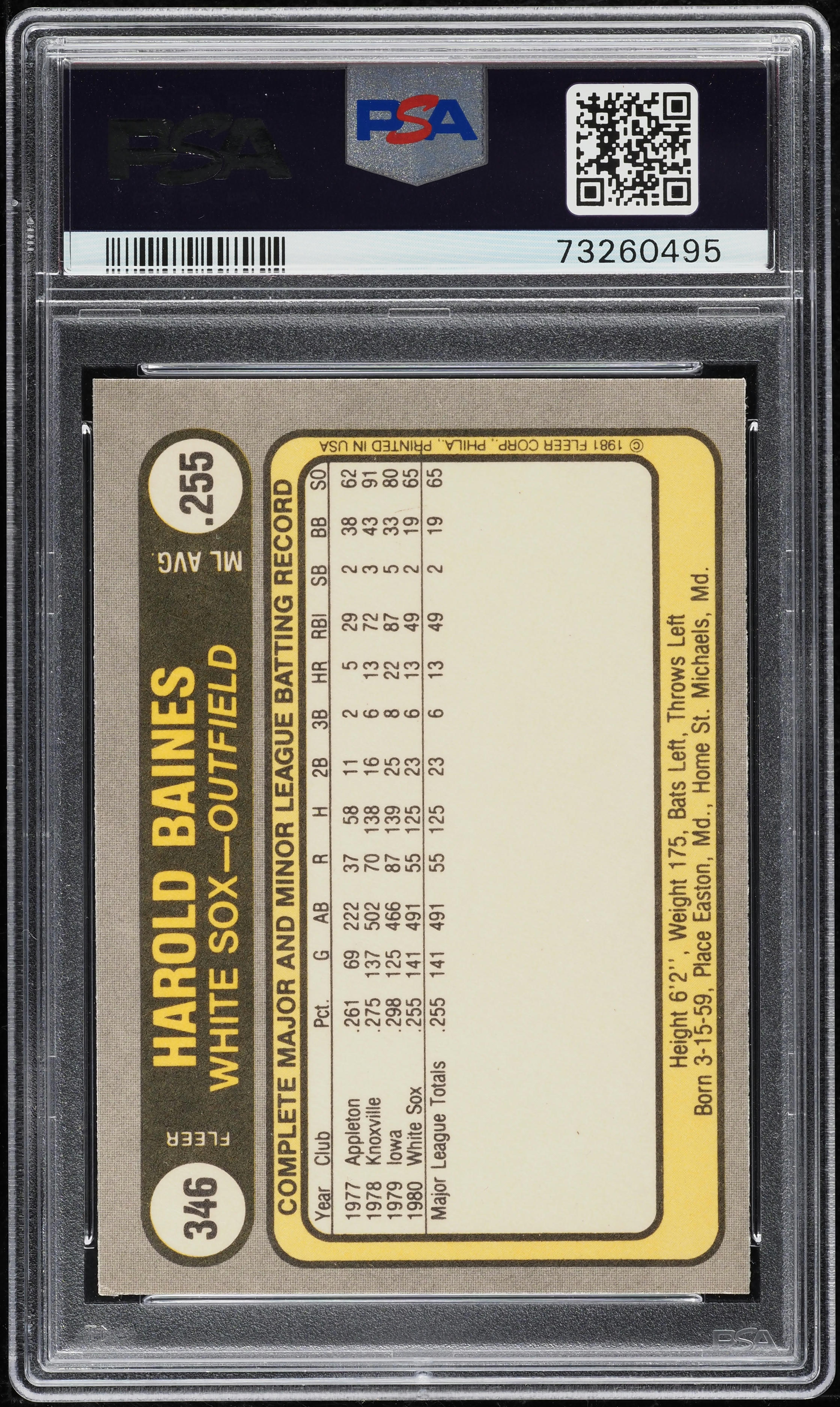 1981 Fleer Harold Baines ROOKIE #346 PSA 7 NRMT