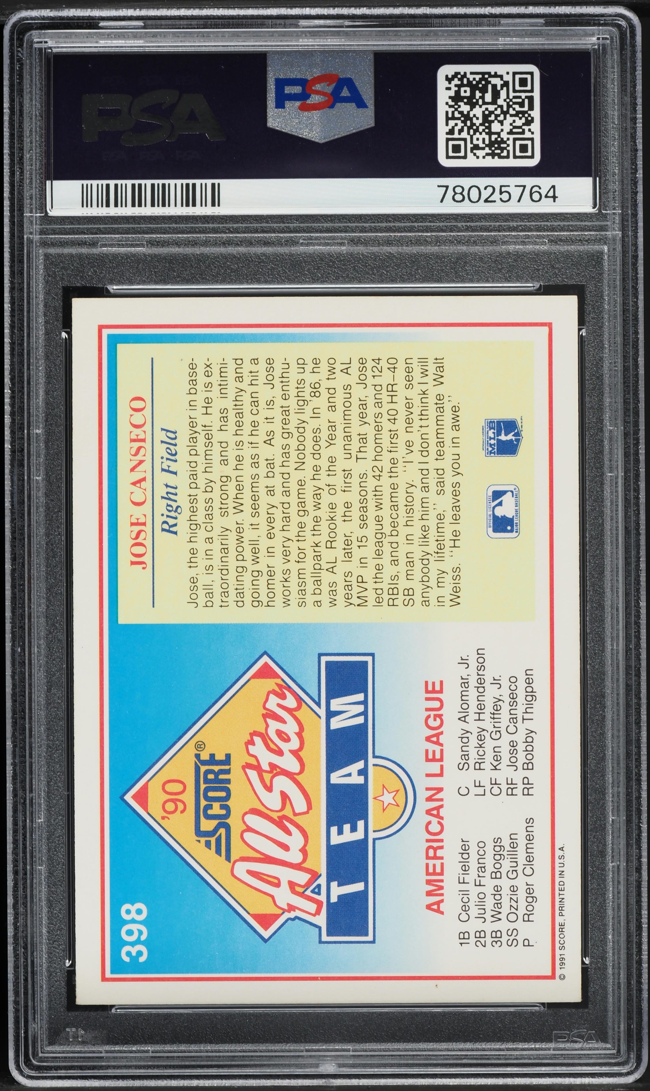 1991 Score Jose Canseco #398 PSA 8 NM-MT