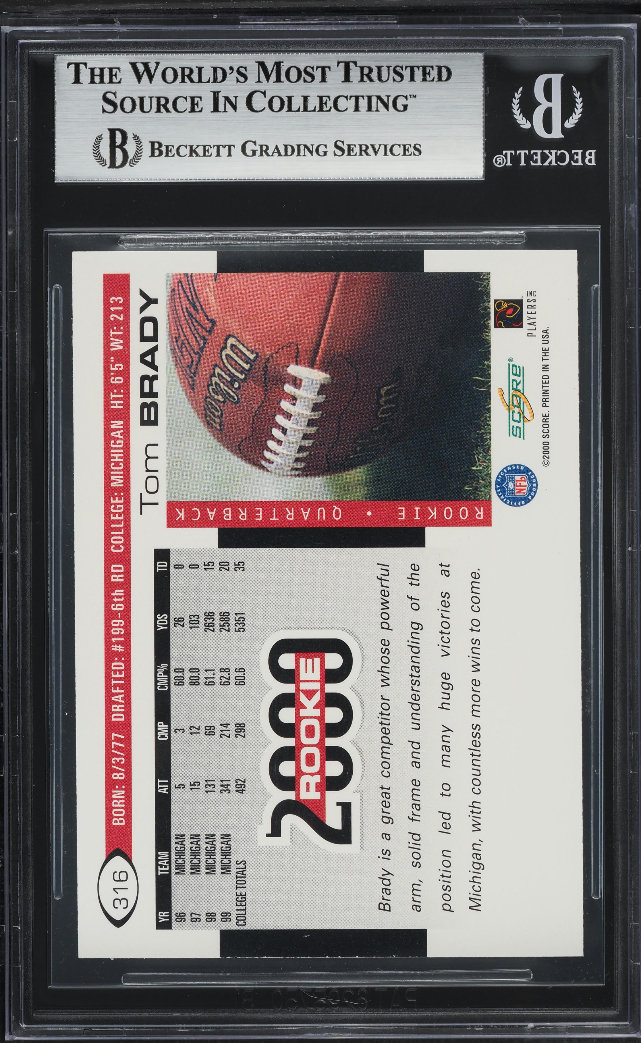 2000 Score Football Tom Brady ROOKIE #316 BGS 8.5 NM-MT+